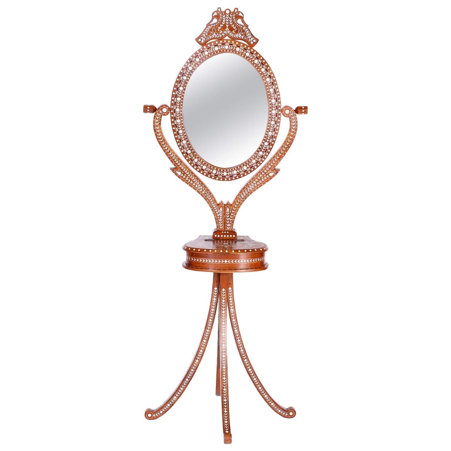 Anglo Indian Inlaid Vanity or Chevelle Mirror on Stand For Sale