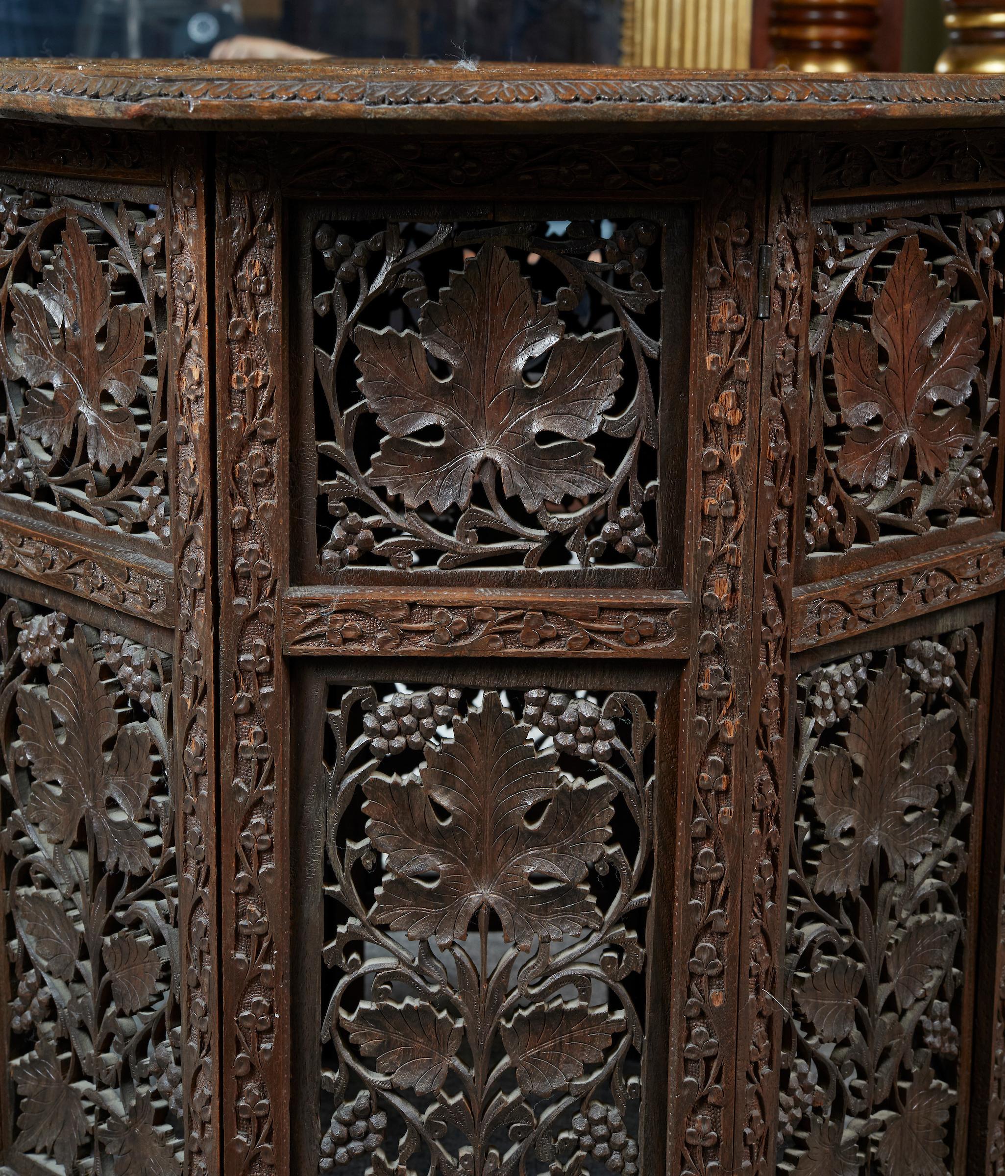 Anglo-Indian Anglo Indian Intricately Carved Teak Octoganal Folding Side Table