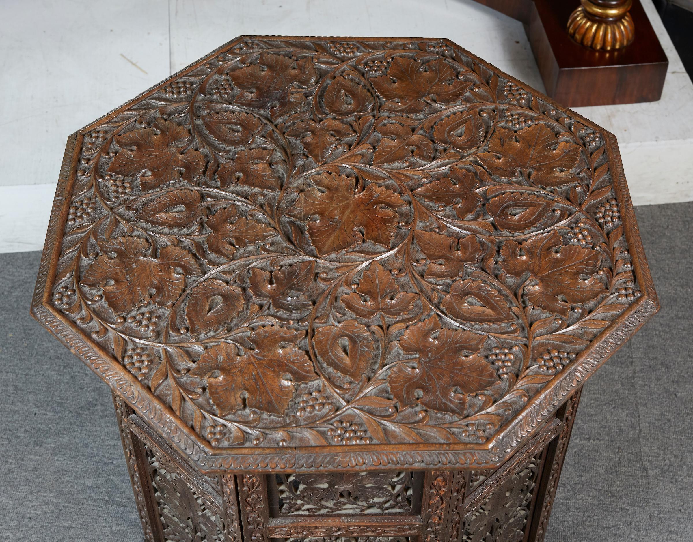 Mid-20th Century Anglo Indian Intricately Carved Teak Octoganal Folding Side Table