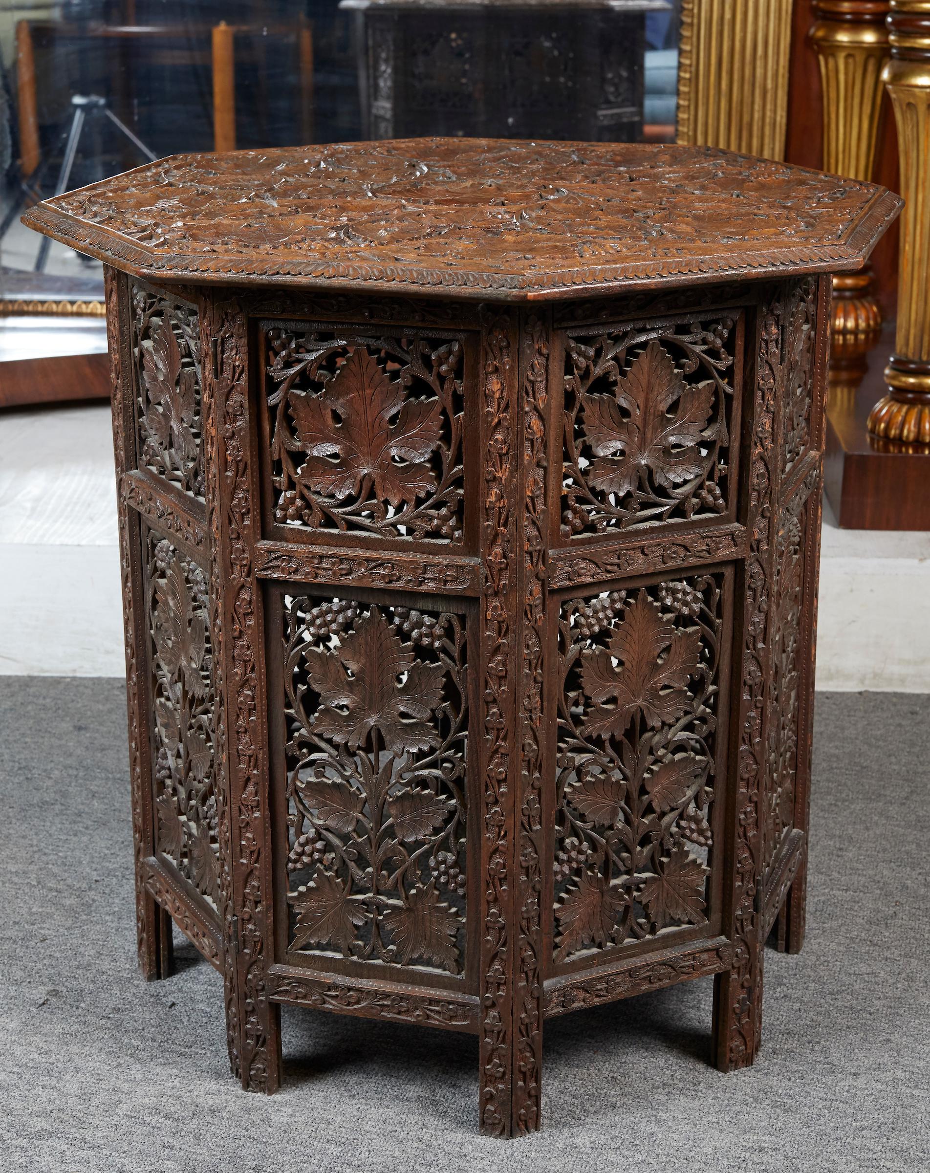 Anglo Indian Intricately Carved Teak Octoganal Folding Side Table 1