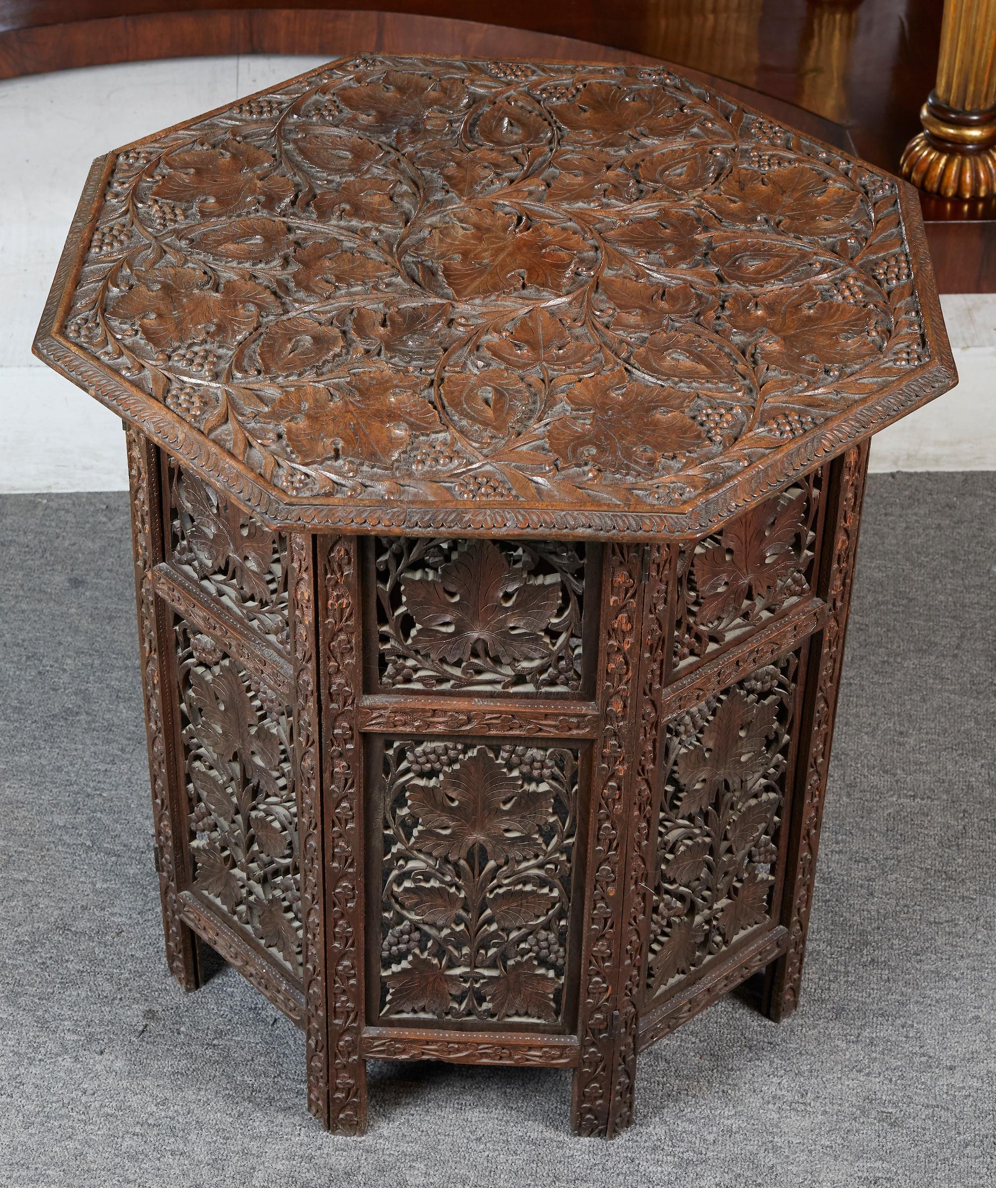 Anglo Indian Intricately Carved Teak Octoganal Folding Side Table 2