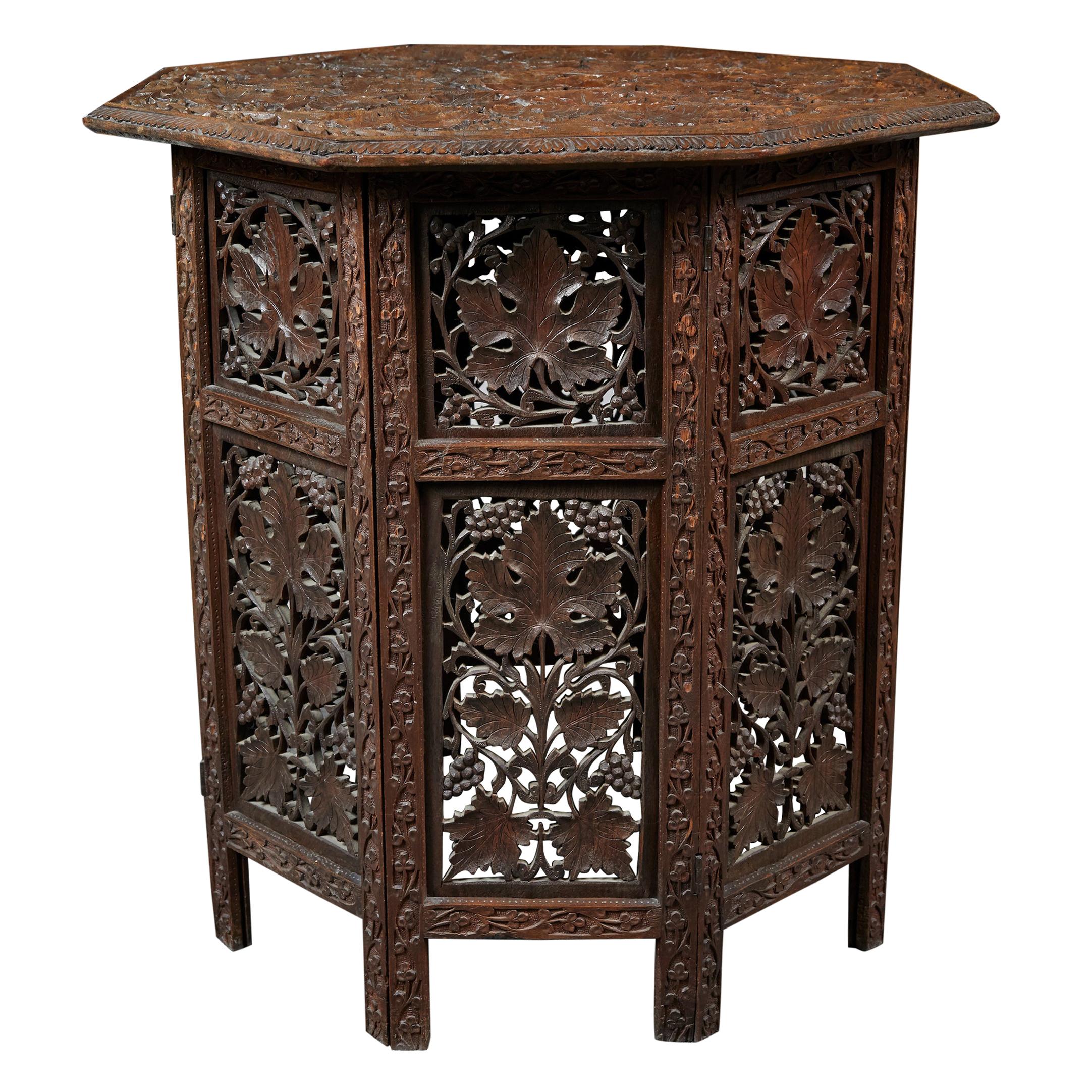 Anglo Indian Intricately Carved Teak Octoganal Folding Side Table