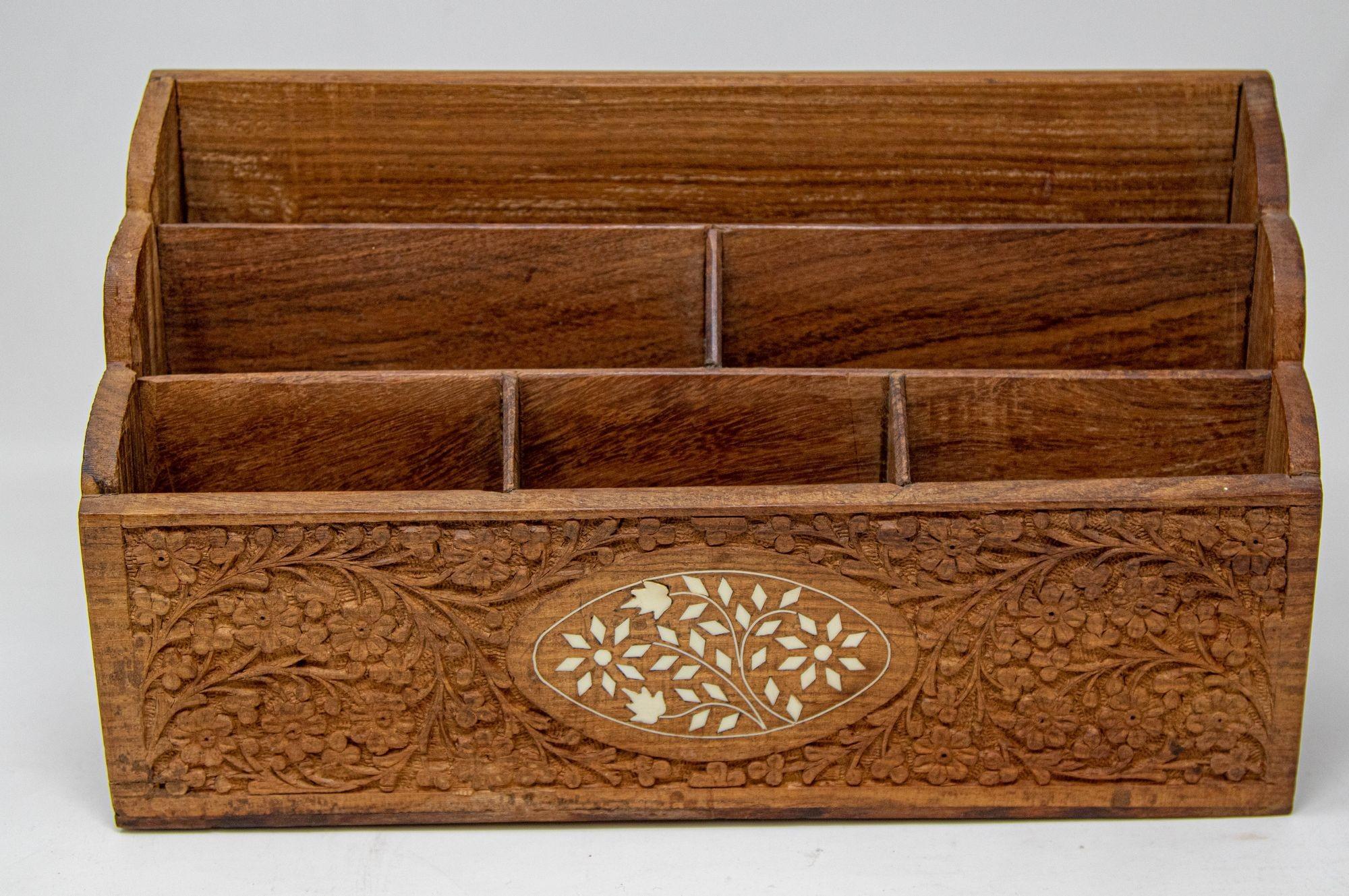 Anglo Indian Kashmiri Wood Carved Desk Letter Stationery Rack 5