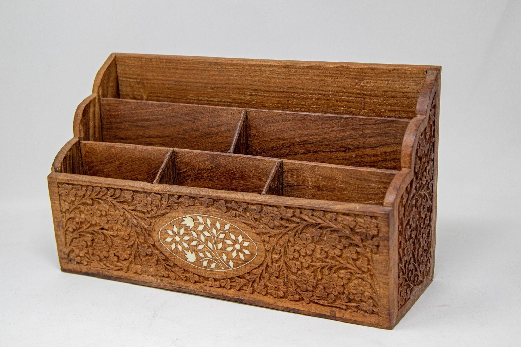 Anglo Indian Kashmiri Wood Carved Desk Letter Stationery Rack 6