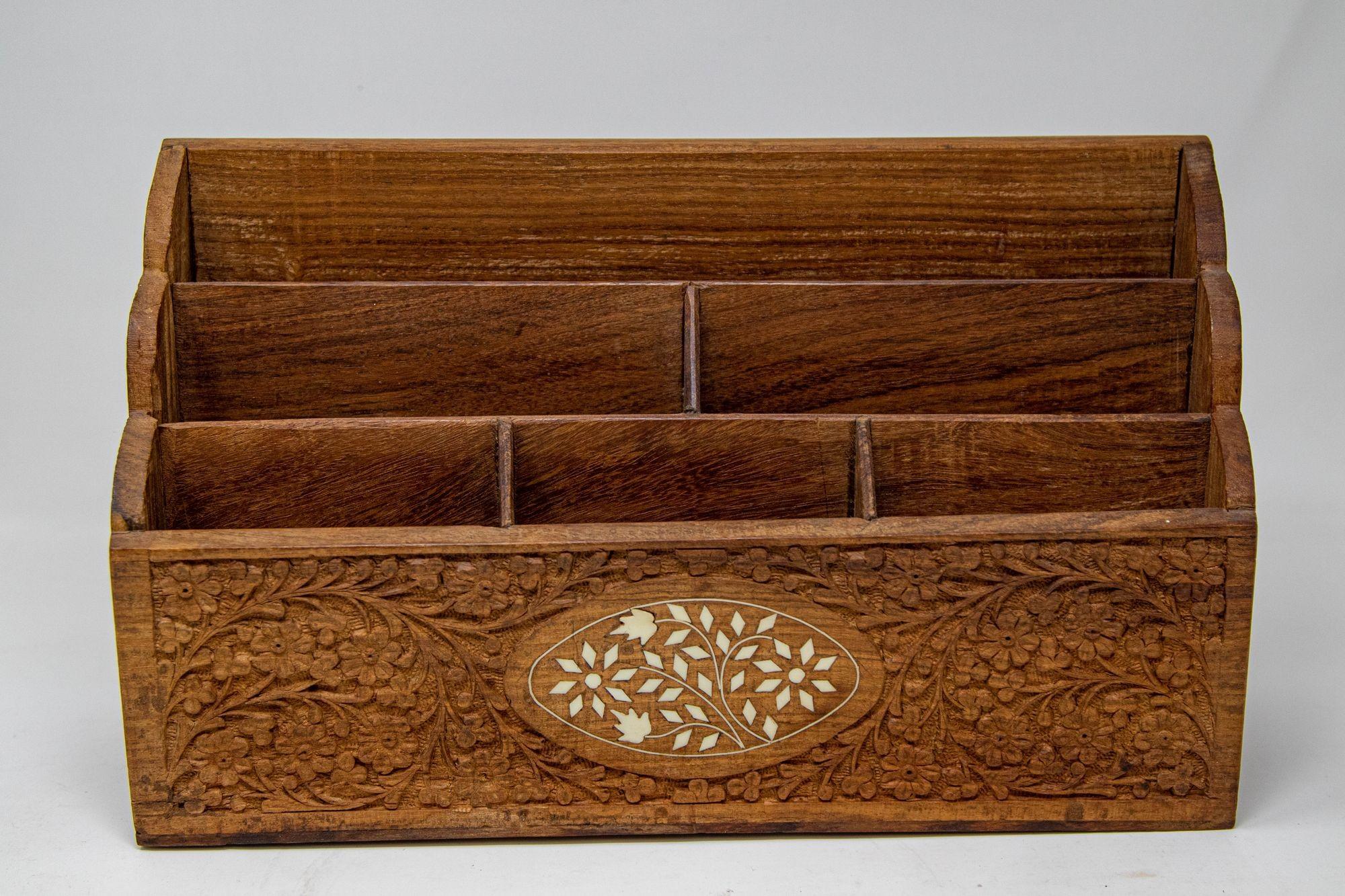 Anglo Indian Kashmiri Wood Carved Desk Letter Stationery Rack 8