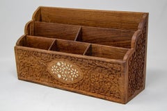 Anglo Indian Kashmiri Wood Carved Desk Letter Stationery Rack