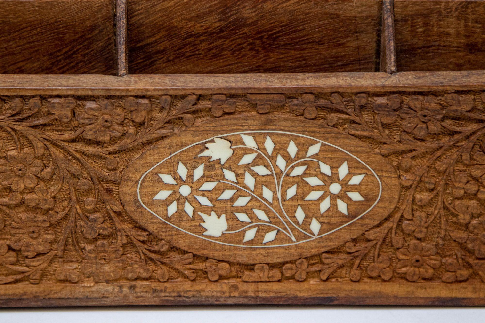20th Century Anglo Indian Kashmiri Wood Carved Desk Letter Stationery Rack