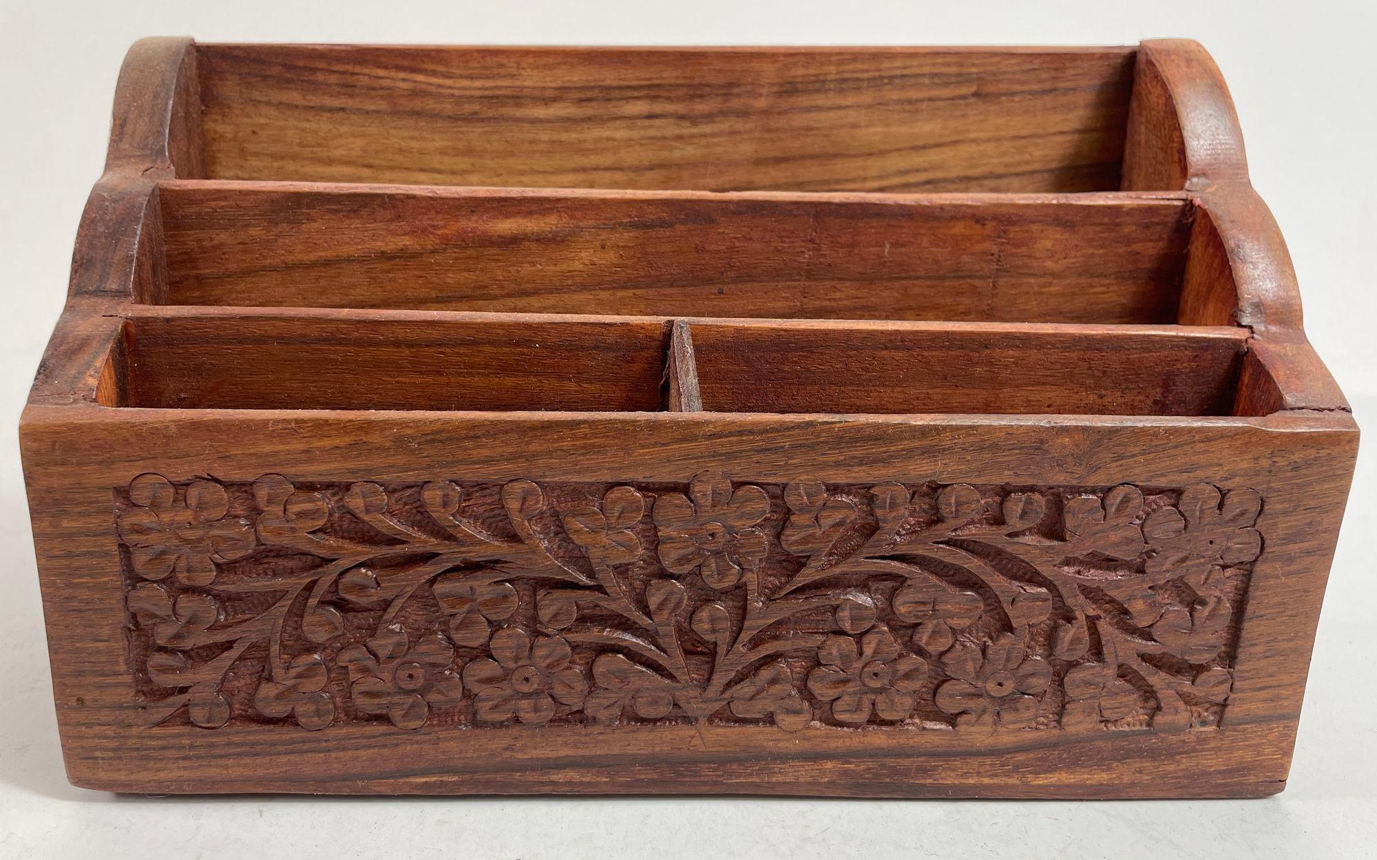 Anglo Indian Kashmiri Wood Carved Desk Letter Stationery Rack For Sale 1