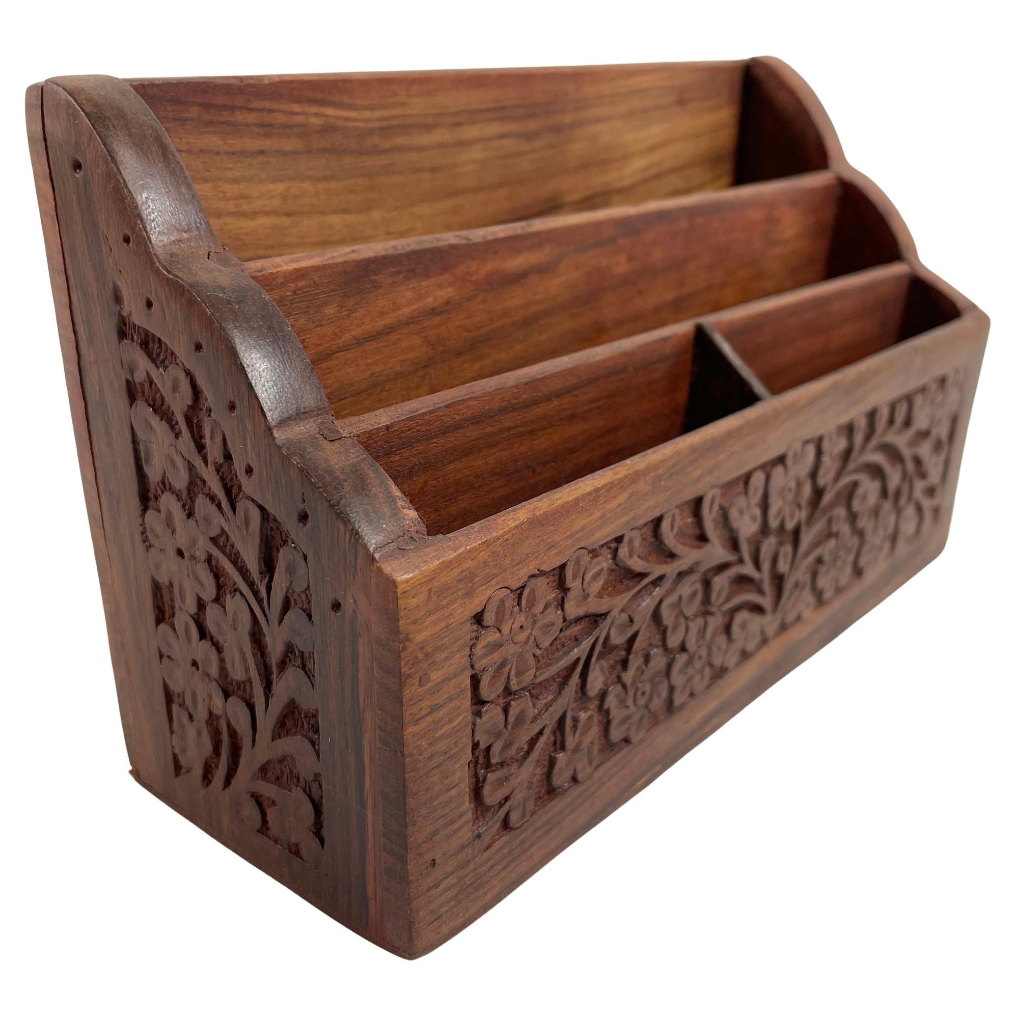 Anglo Indian Kashmiri Wood Carved Desk Letter Stationery Rack For Sale