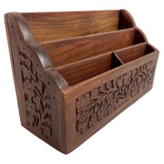 Antique Anglo Indian Kashmiri Wood Carved Desk Letter Stationery Rack