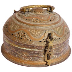 Antique Anglo Indian Large Round Decorative Brass Tea Caddy Box with Lid