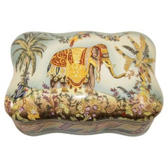 Vintage Anglo Indian Lidded Porcelain Box with Elephant Scene