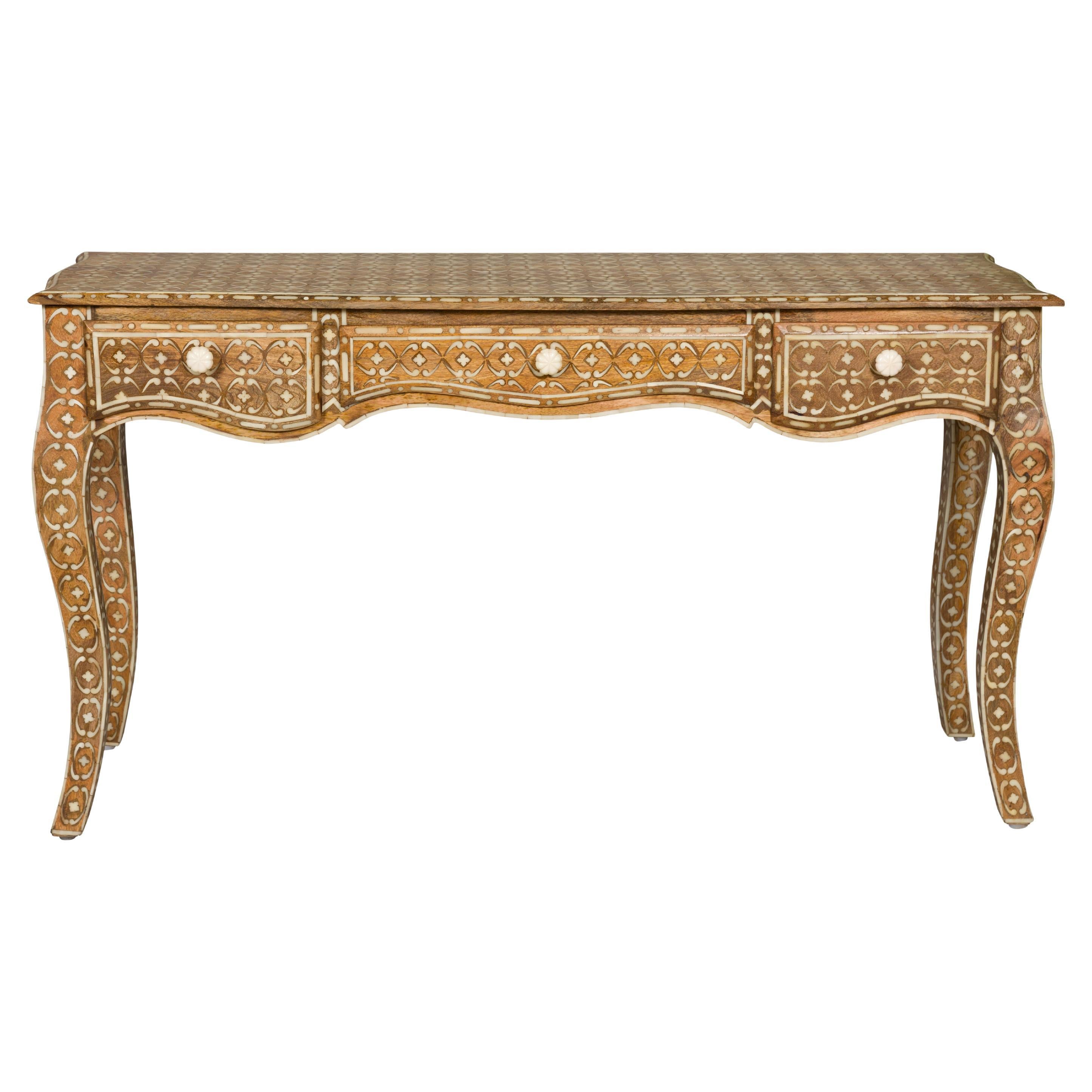 Anglo-Indian Louis XV Style Console Table with Three Drawers and Cabriole Legs For Sale