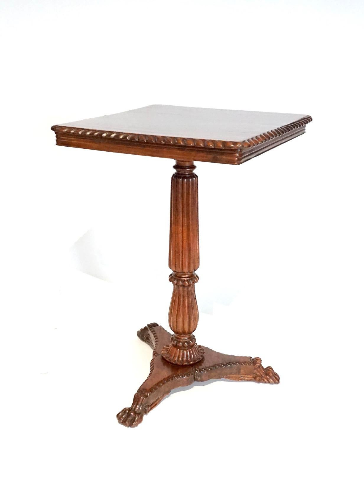 Circa 1835 Anglo-Indian Regency style solid mahogany occasional table or stand having square tilting top with gadrooned edge on reed-carved and turned pedestal on tripart cusped-concave platform base ending in winged lion's paw feet. Top measures