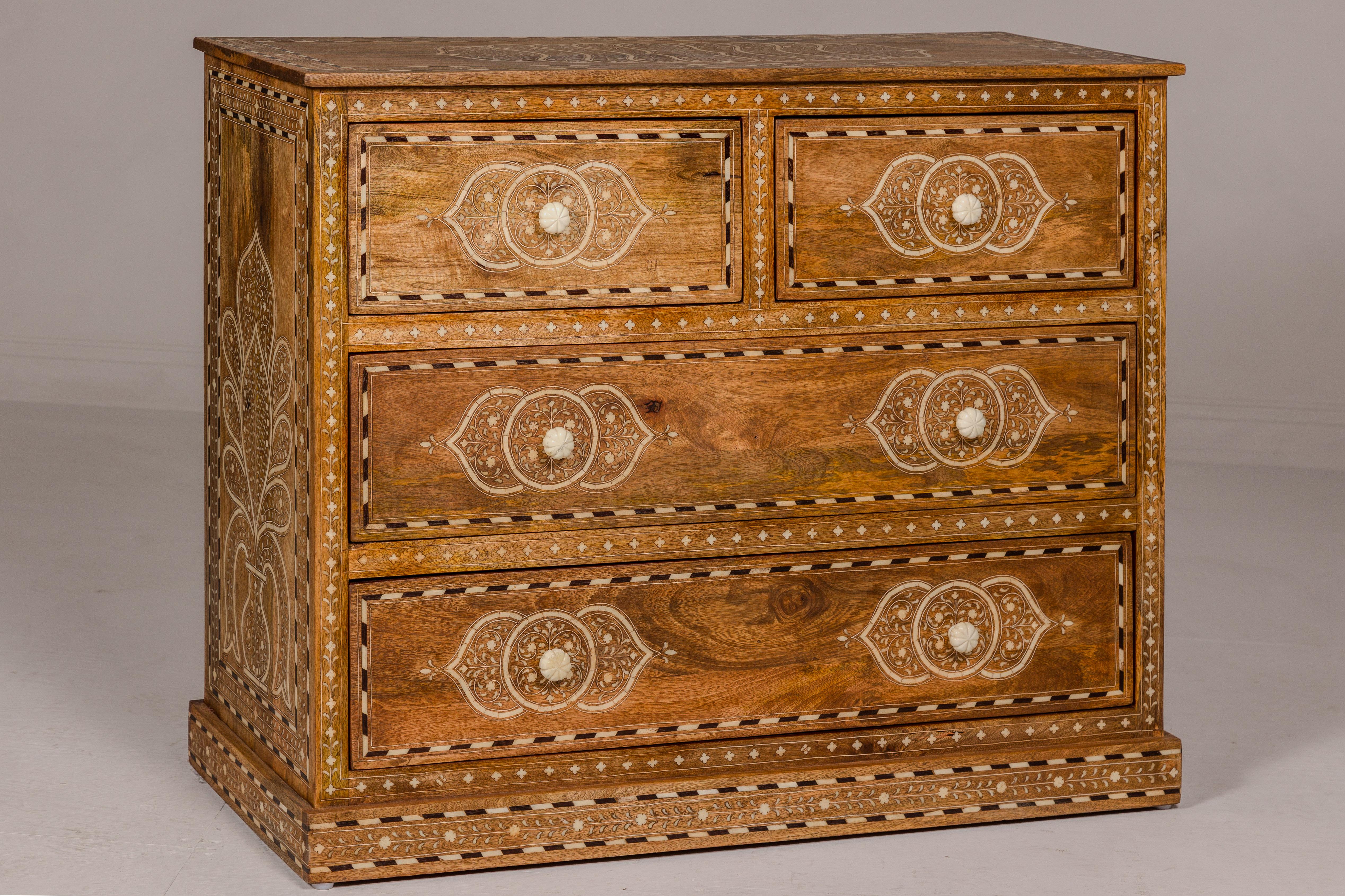 Anglo-Indian Mango Wood Four-Drawer Chest with Floral Themed Bone Inlay For Sale 4