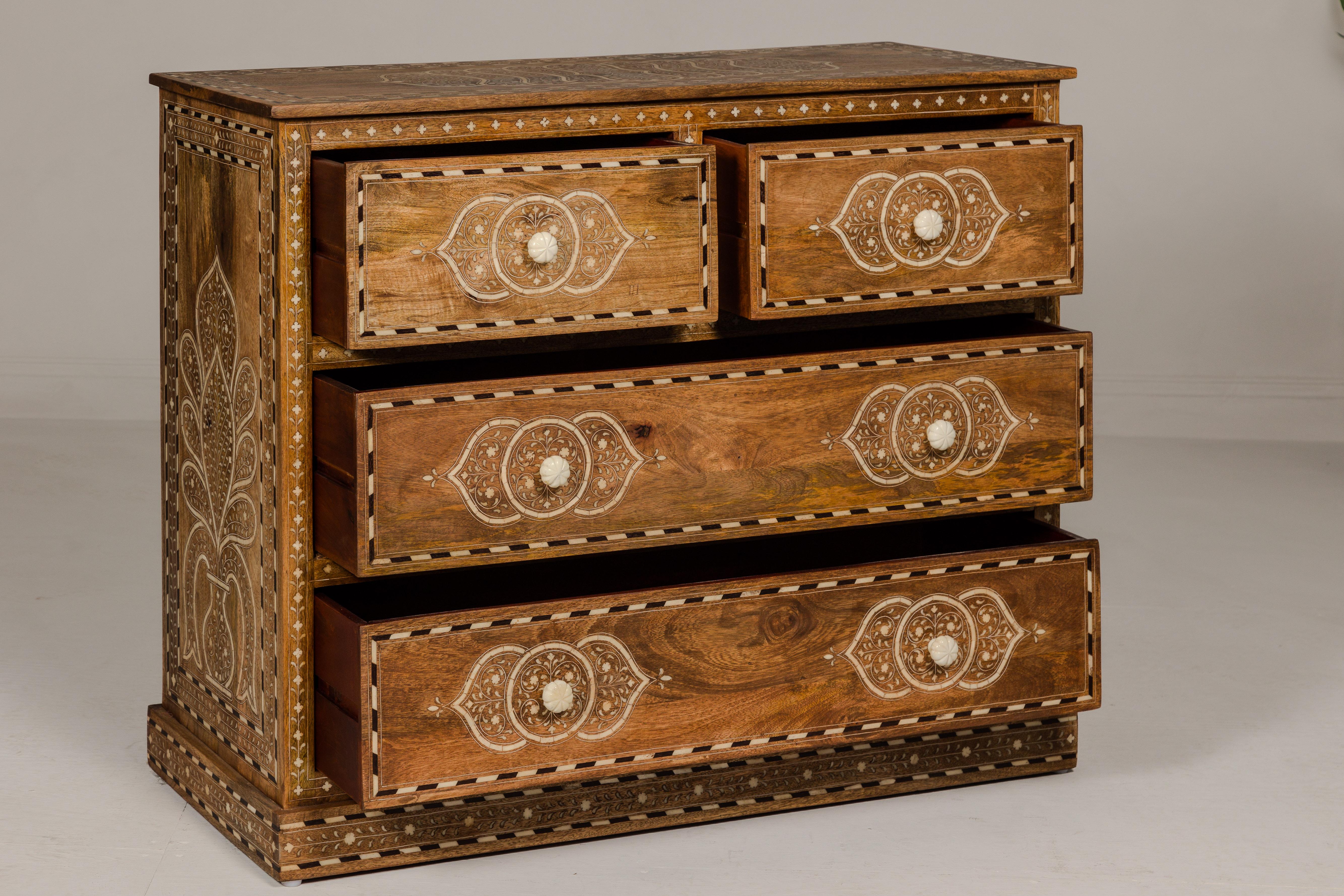 Anglo-Indian Mango Wood Four-Drawer Chest with Floral Themed Bone Inlay For Sale 6