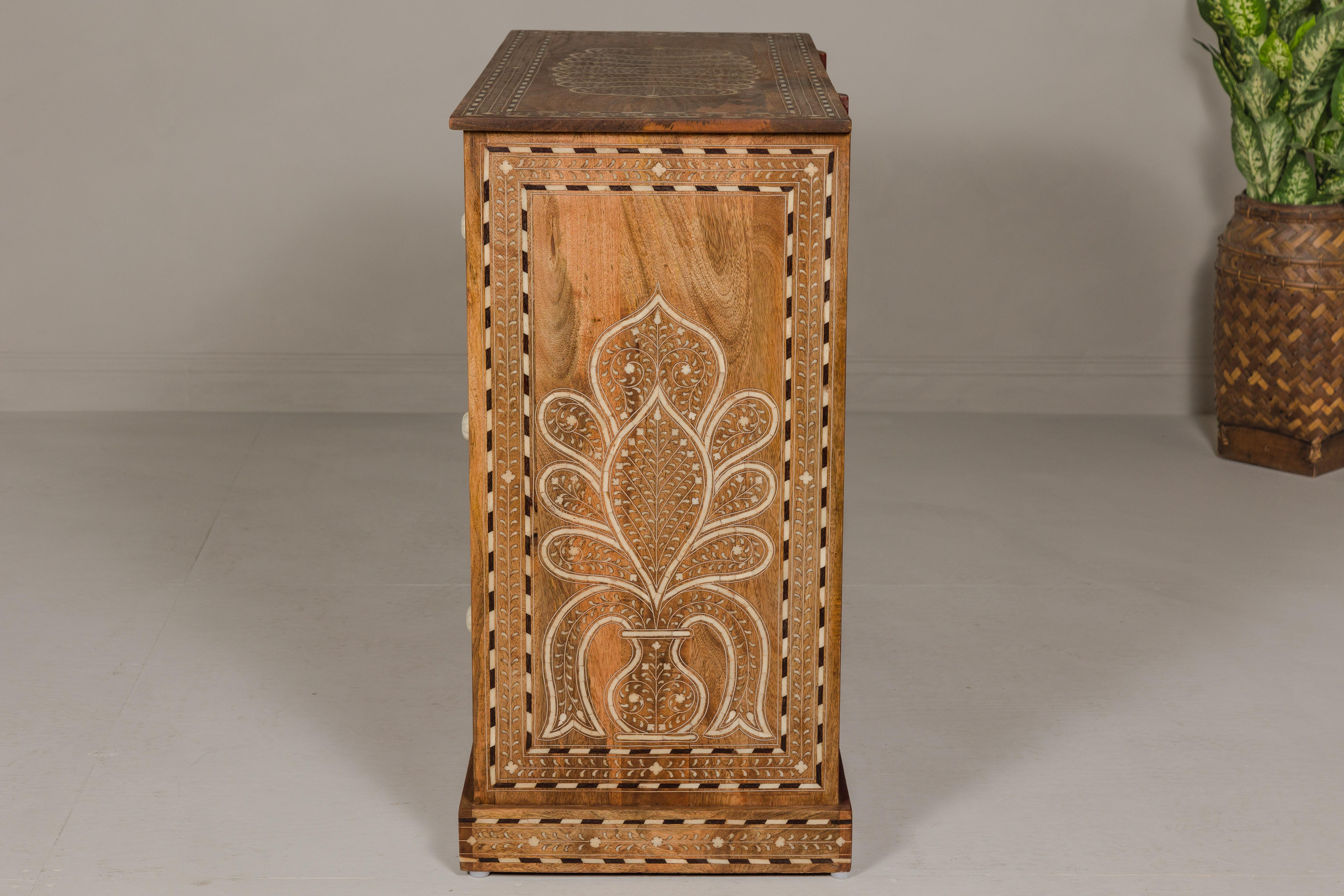 Anglo-Indian Mango Wood Four-Drawer Chest with Floral Themed Bone Inlay For Sale 13