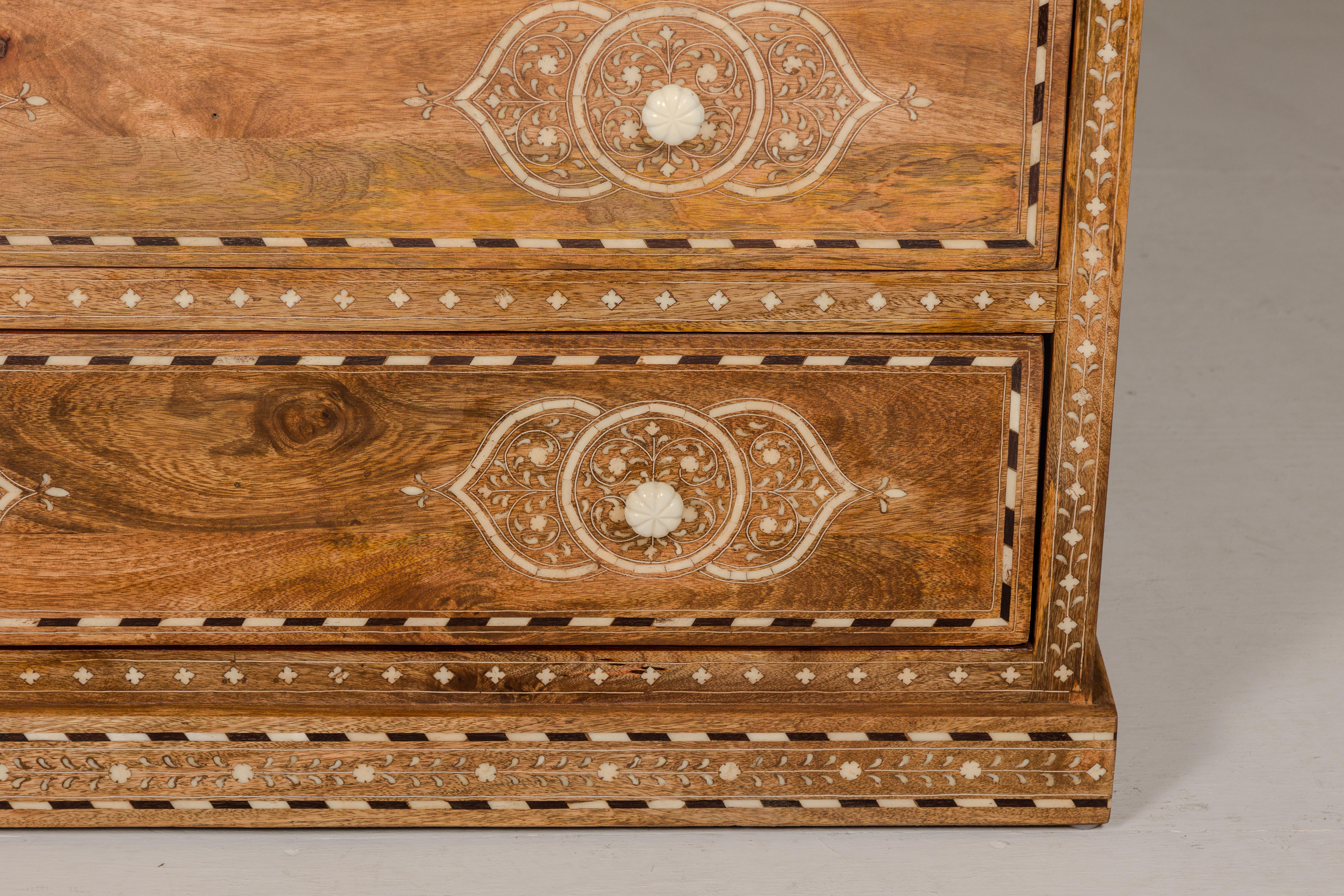 Contemporary Anglo-Indian Mango Wood Four-Drawer Chest with Floral Themed Bone Inlay For Sale
