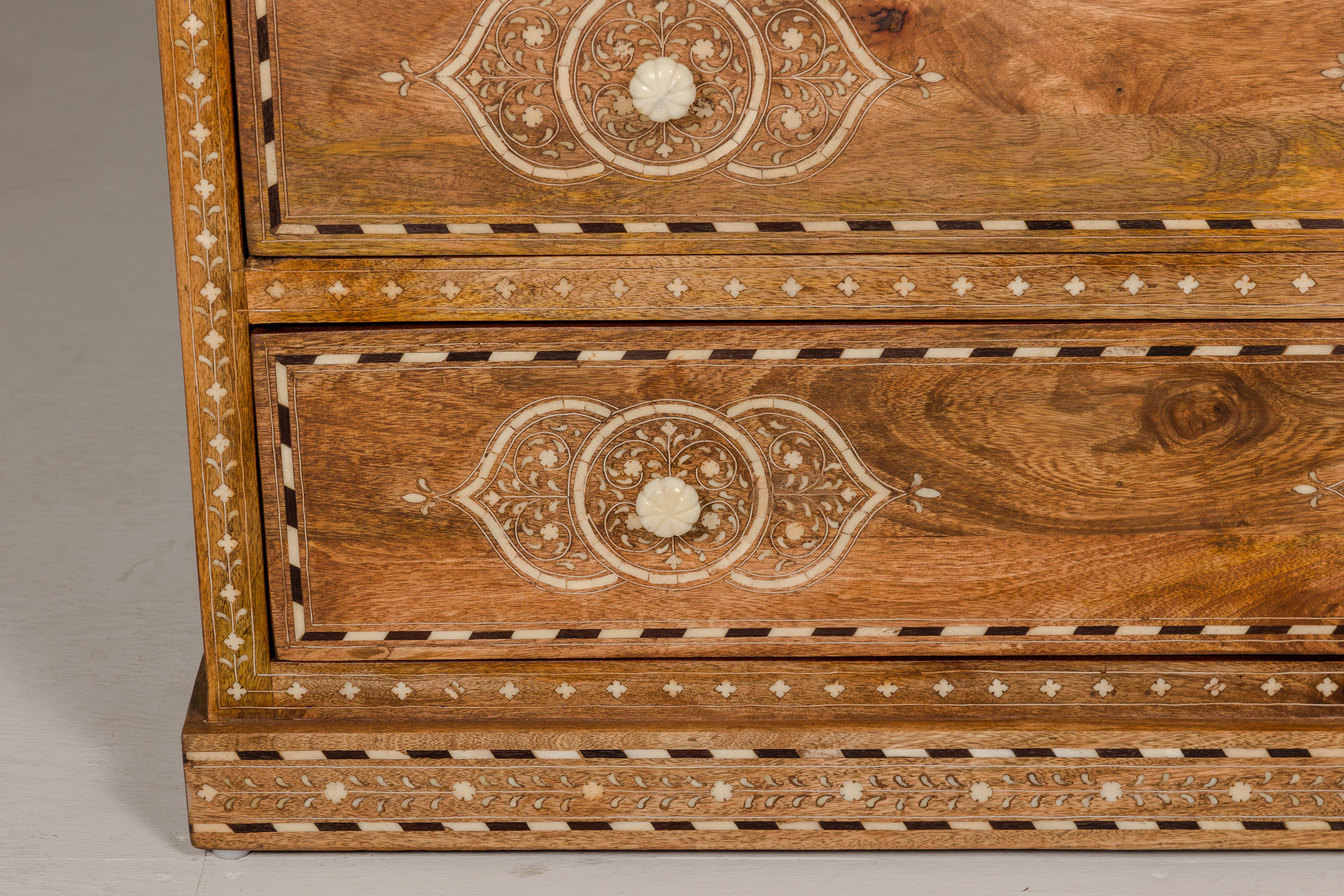 Anglo-Indian Mango Wood Four-Drawer Chest with Floral Themed Bone Inlay For Sale 1