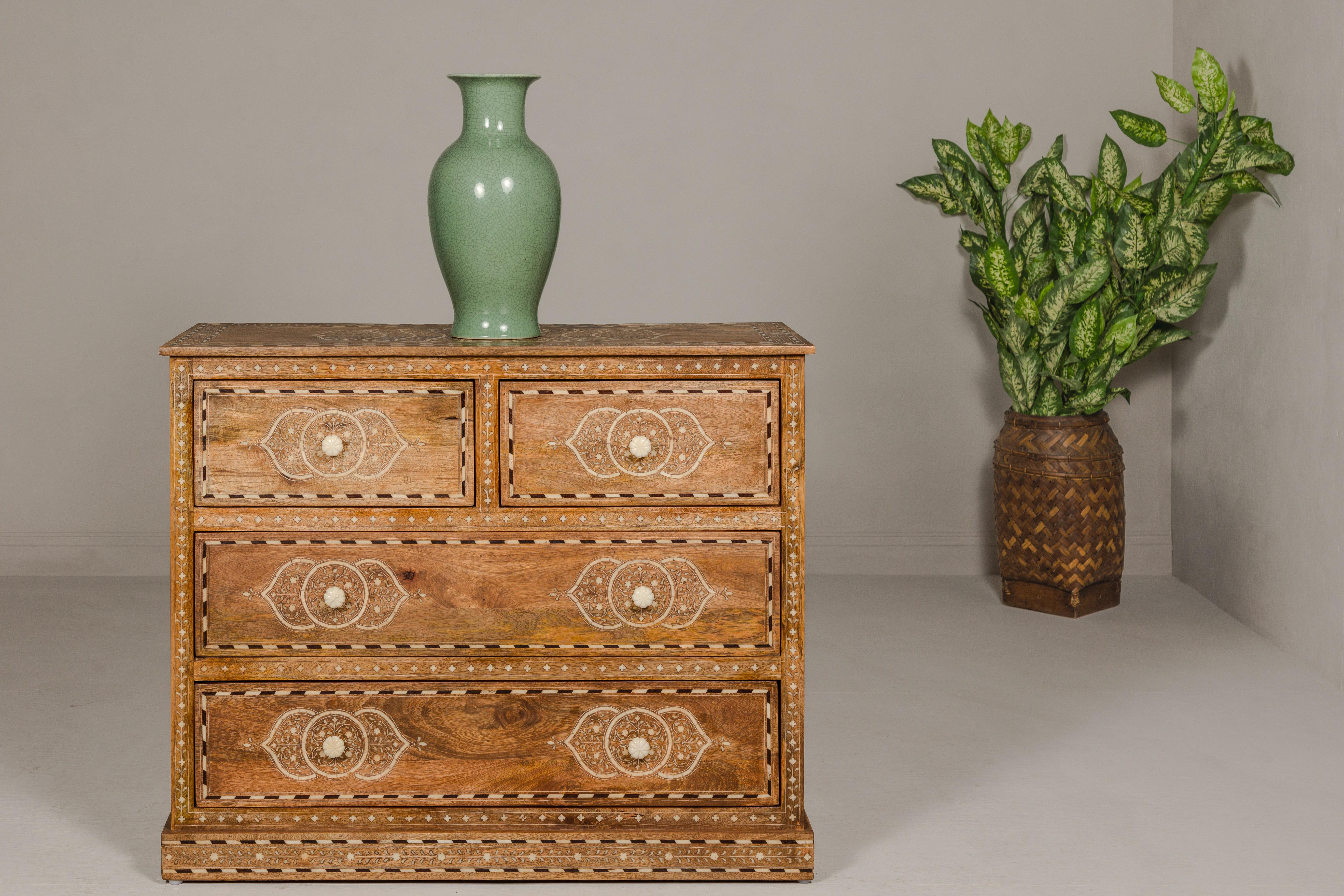 Anglo-Indian Mango Wood Four-Drawer Chest with Floral Themed Bone Inlay For Sale 3