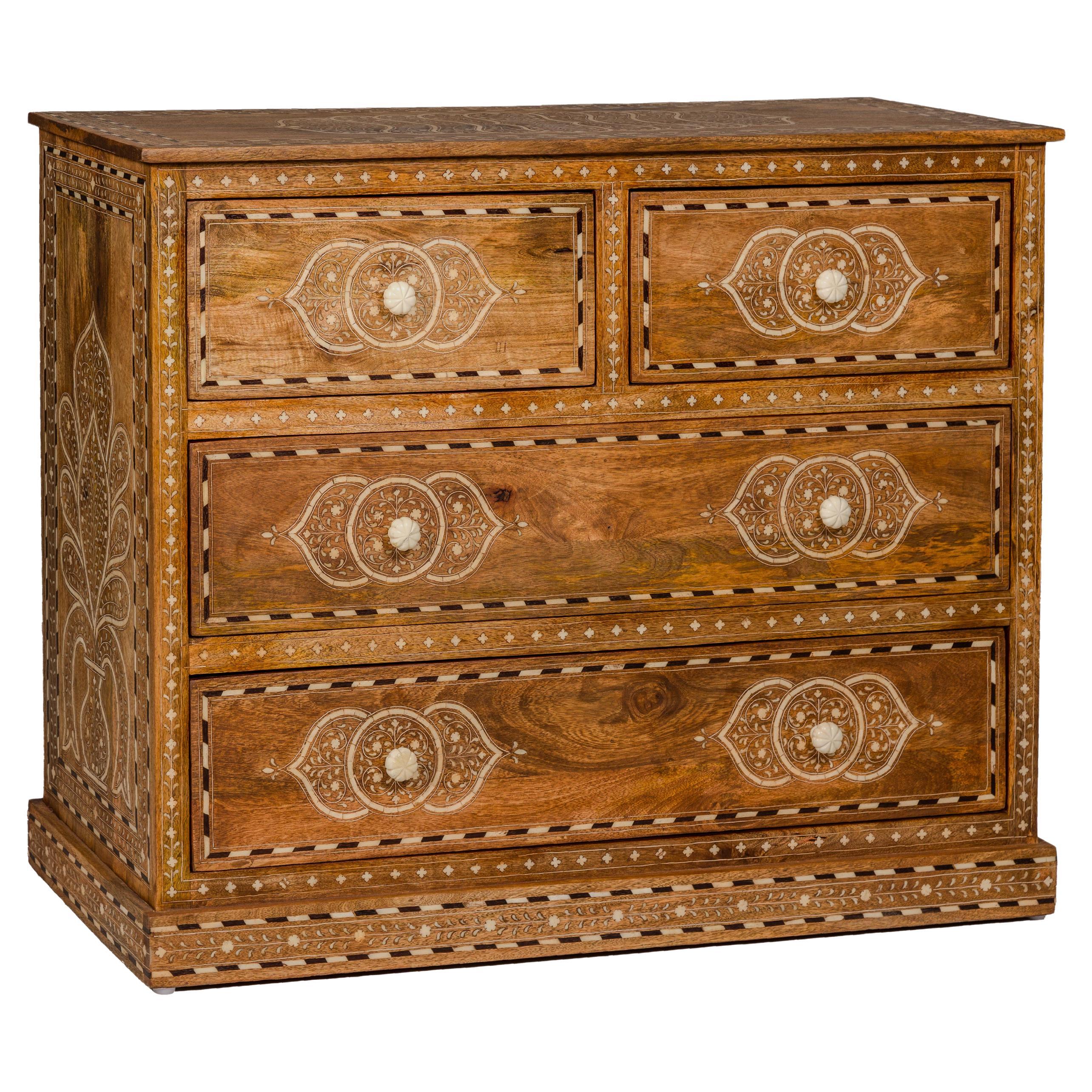 Anglo-Indian Mango Wood Four-Drawer Chest with Floral Themed Bone Inlay For Sale
