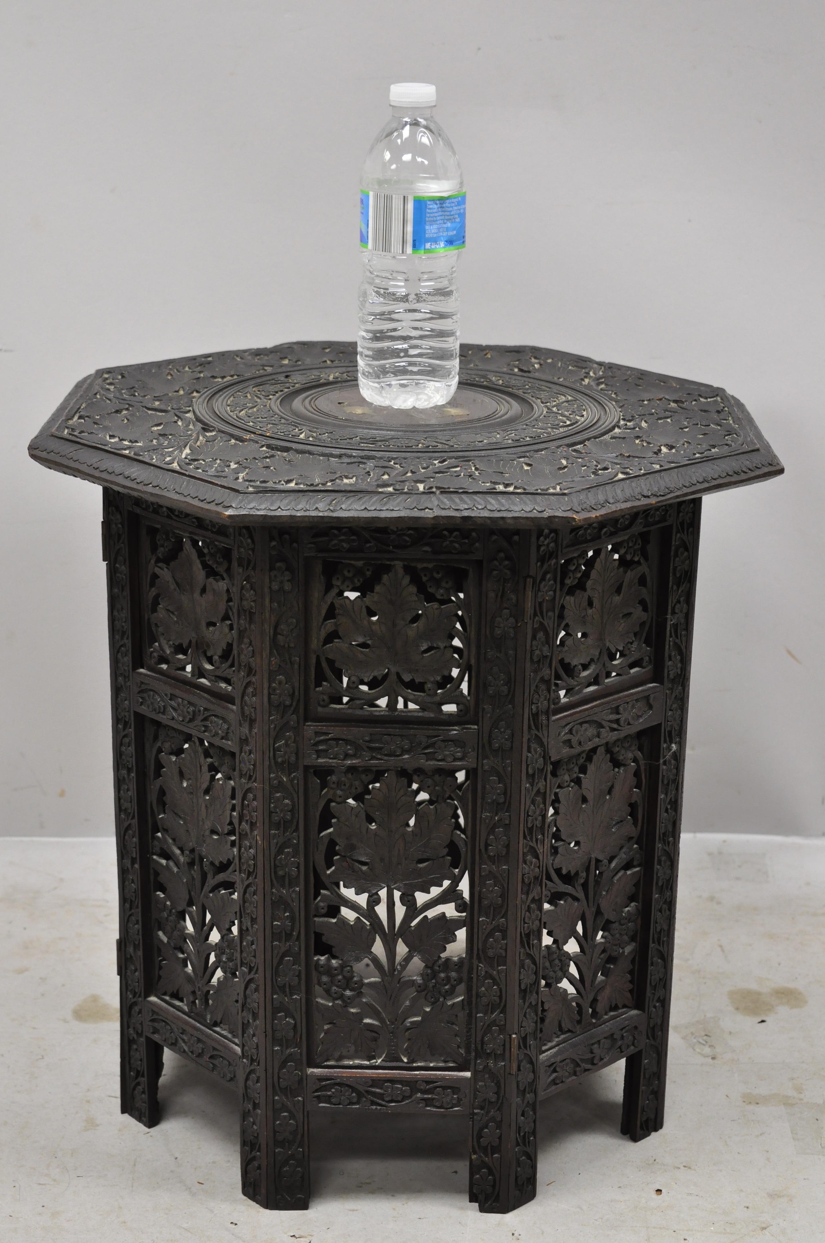 Anglo-Indian Mediterranean Brass Inlay Maple Vine Carved Accent Side Table 7