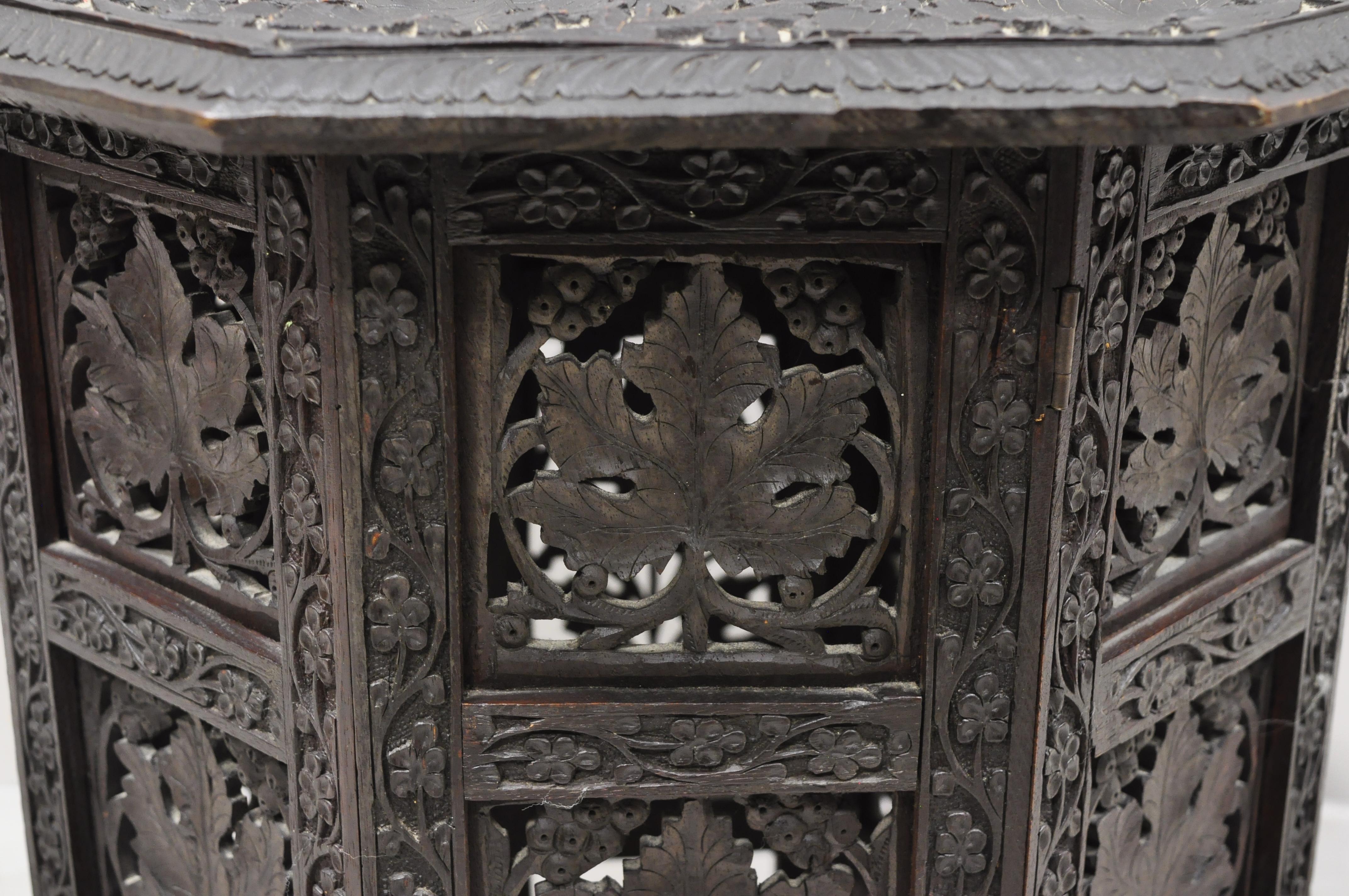20th Century Anglo-Indian Mediterranean Brass Inlay Maple Vine Carved Accent Side Table