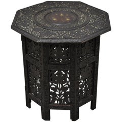 Anglo-Indian Mediterranean Brass Inlay Maple Vine Carved Accent Side Table