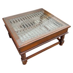 Anglo-Indian Modern Carved Sheesham Wood, Glass & Iron Window Coffee Table