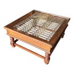 Anglo-Indian Modern Carved Sheesham Wood, Glass & Iron Window Coffee Table