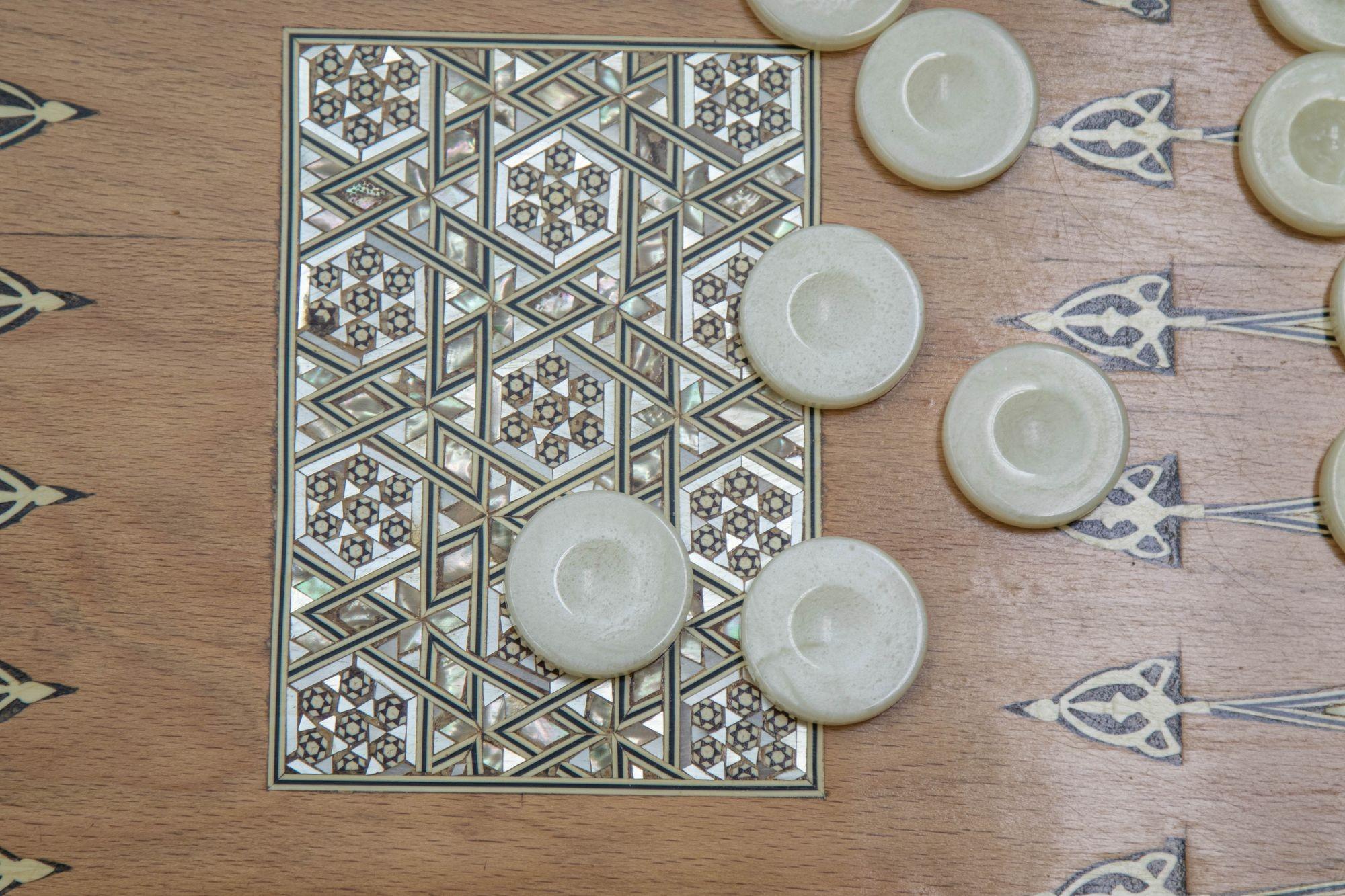 Bone Anglo Indian Mother-of-Pearl Backgammon, Chess and Checkers Box with Game Pieces