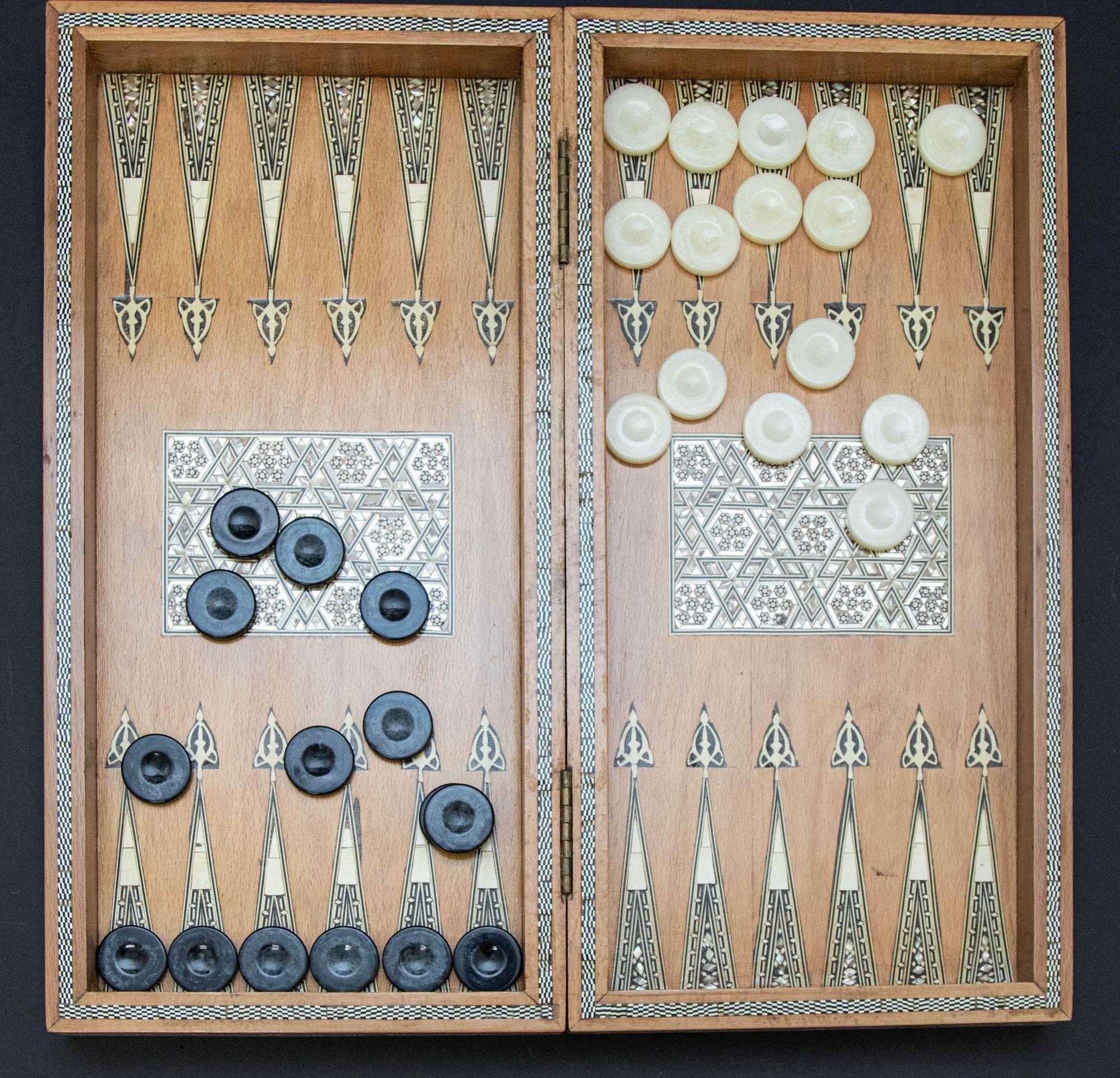 Anglo Indian Mother-of-Pearl Backgammon, Chess and Checkers Box with Game Pieces 1