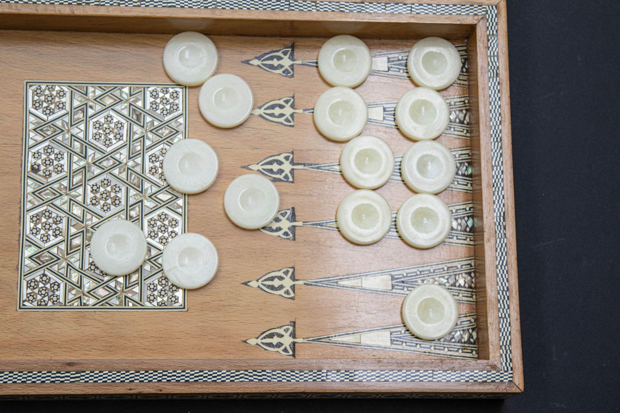 Anglo Indian Mother-of-Pearl Backgammon, Chess and Checkers Box with Game Pieces 5