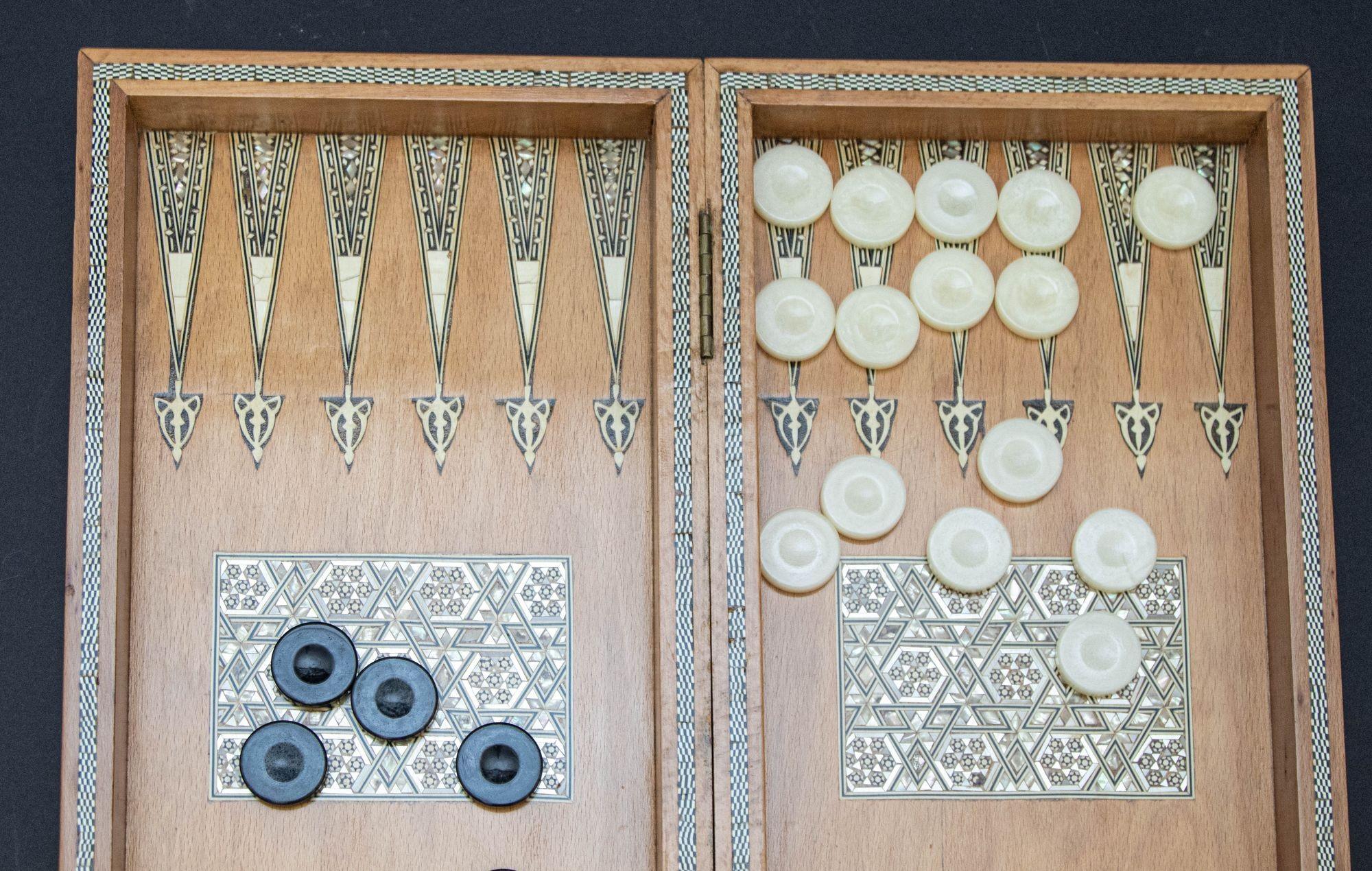 Anglo Indian Mother-of-Pearl Backgammon, Chess and Checkers Box with Game Pieces 7