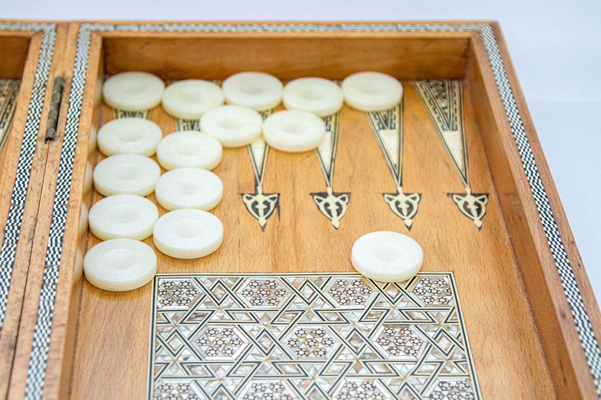 Anglo Indian Mother-of-Pearl Backgammon, Chess and Checkers Box with Game Pieces 8
