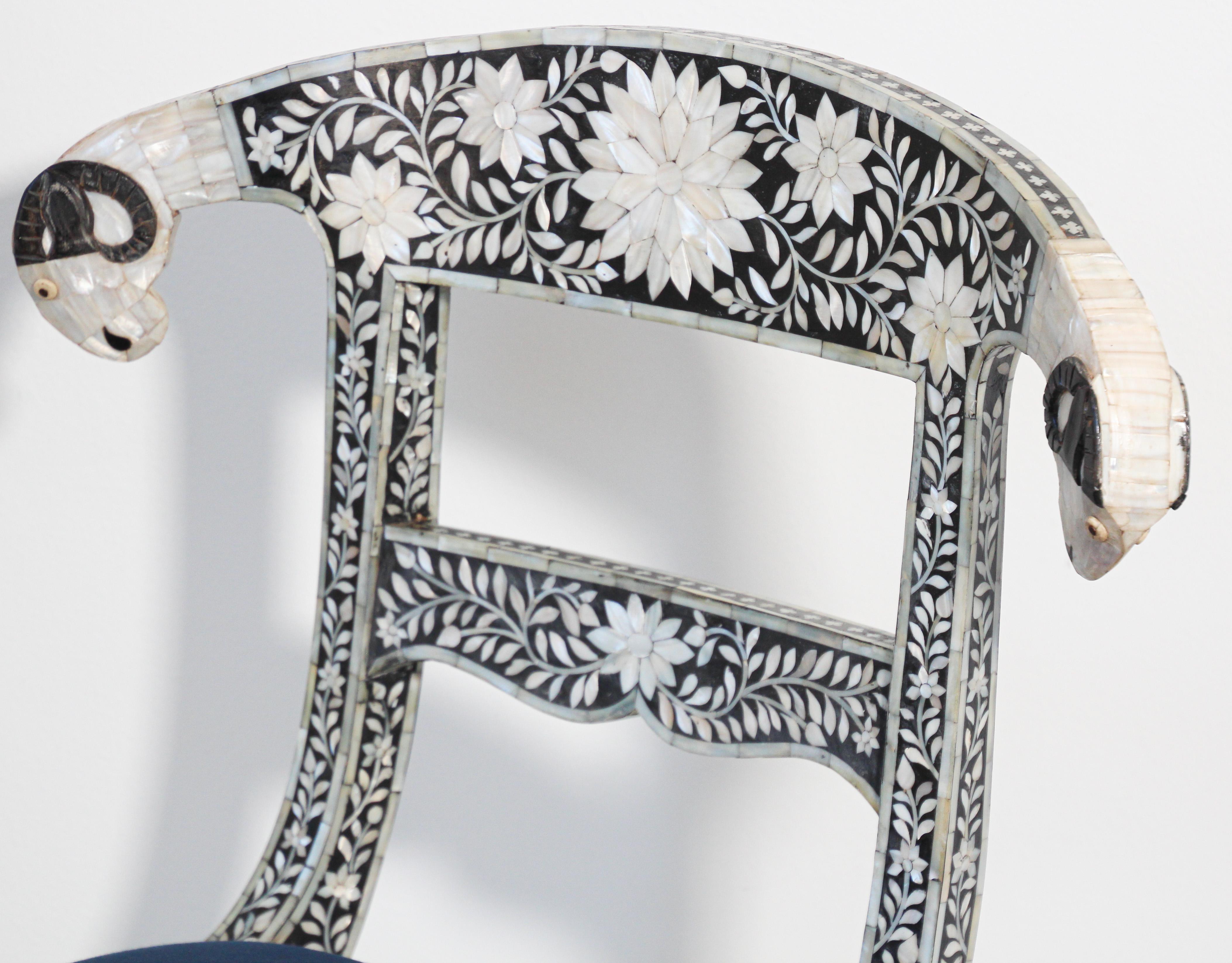 Anglo-Indian Mughal Mother of Pearl Inlaid Dining Chair with Ram's Head 3