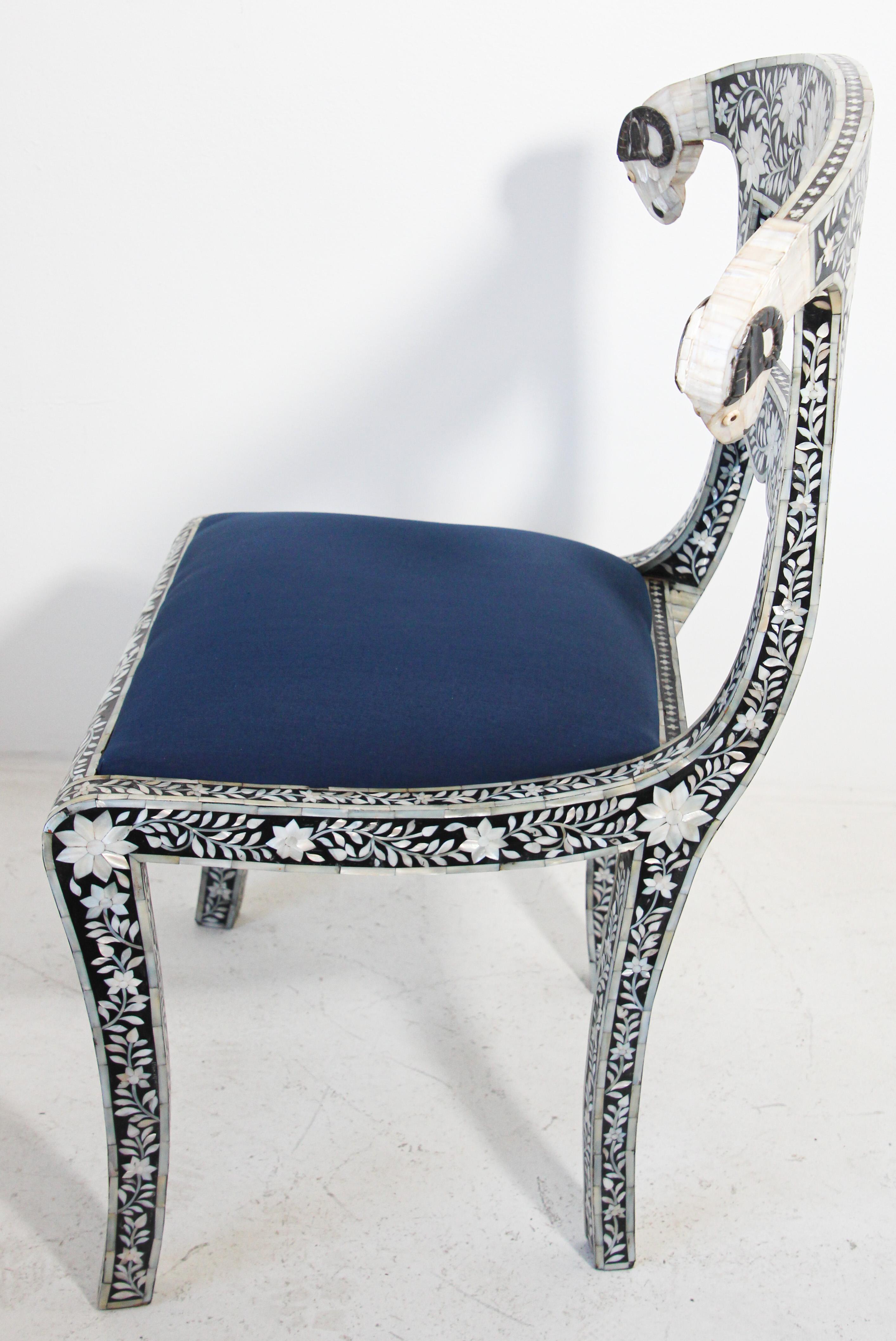 Anglo-Indian Mughal Mother of Pearl Inlaid Dining Chair with Ram's Head 4