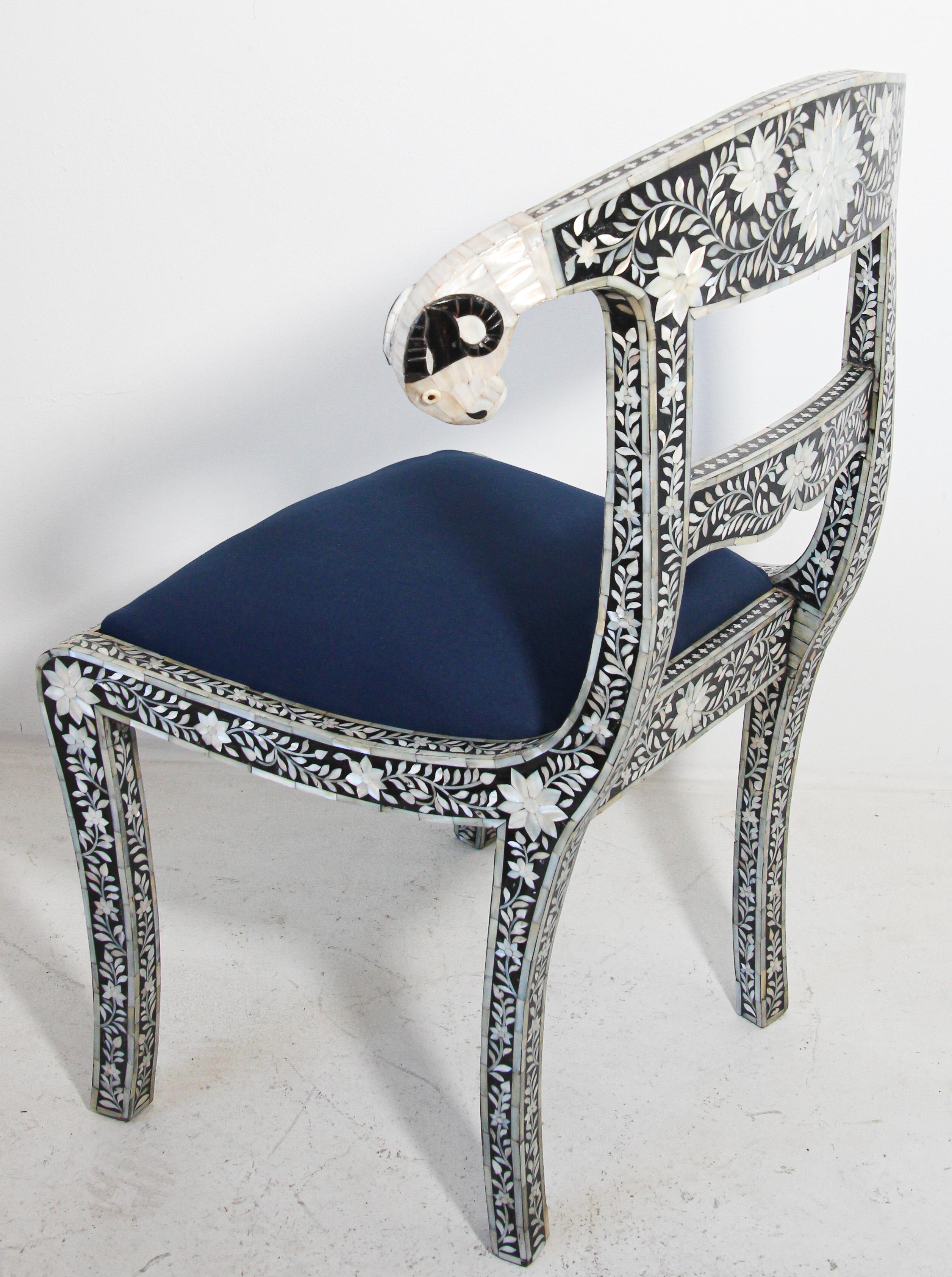 Anglo-Indian Mughal Mother of Pearl Inlaid Dining Chair with Ram's Head 5