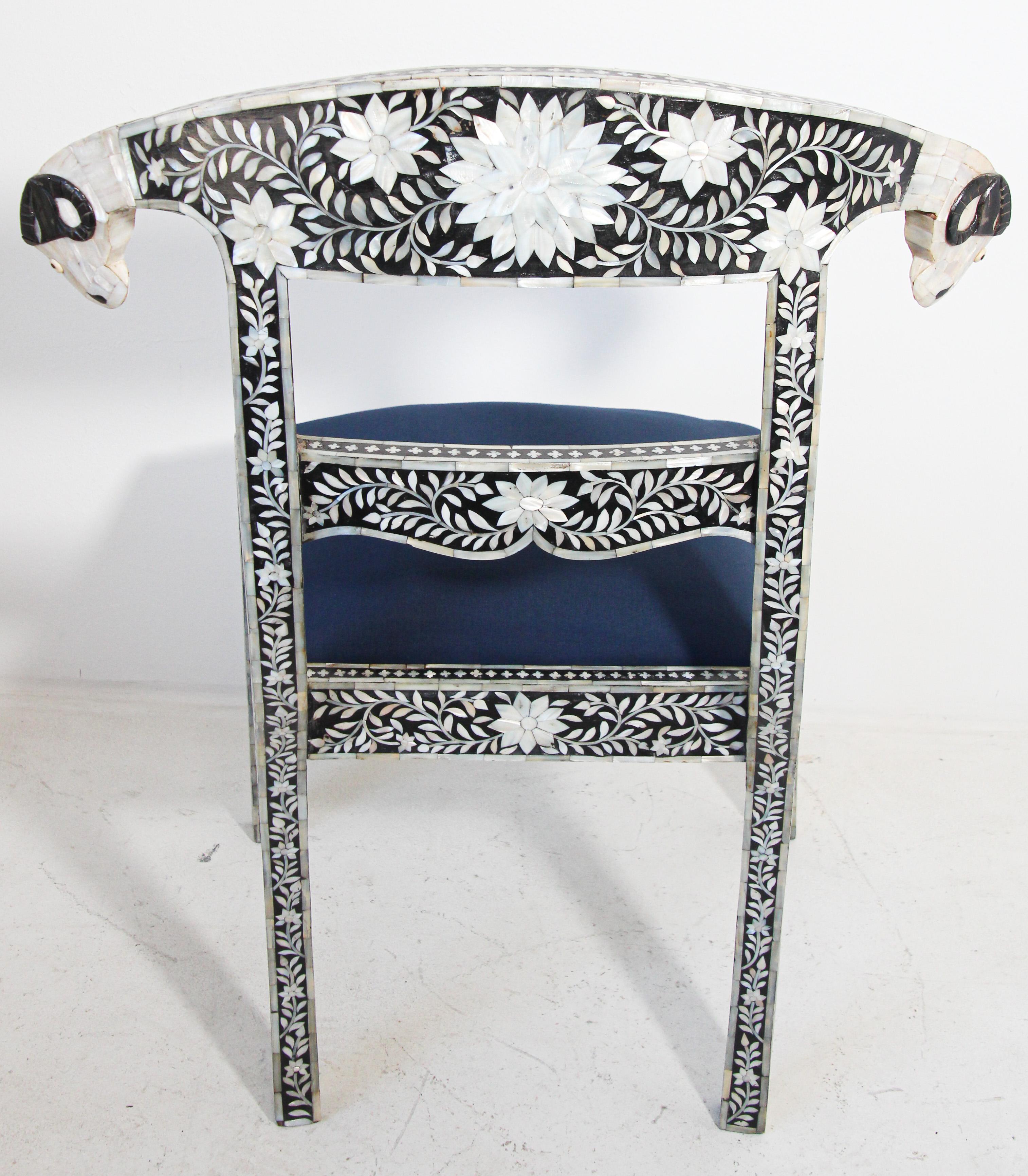 Anglo-Indian Mughal Mother of Pearl Inlaid Dining Chair with Ram's Head 6