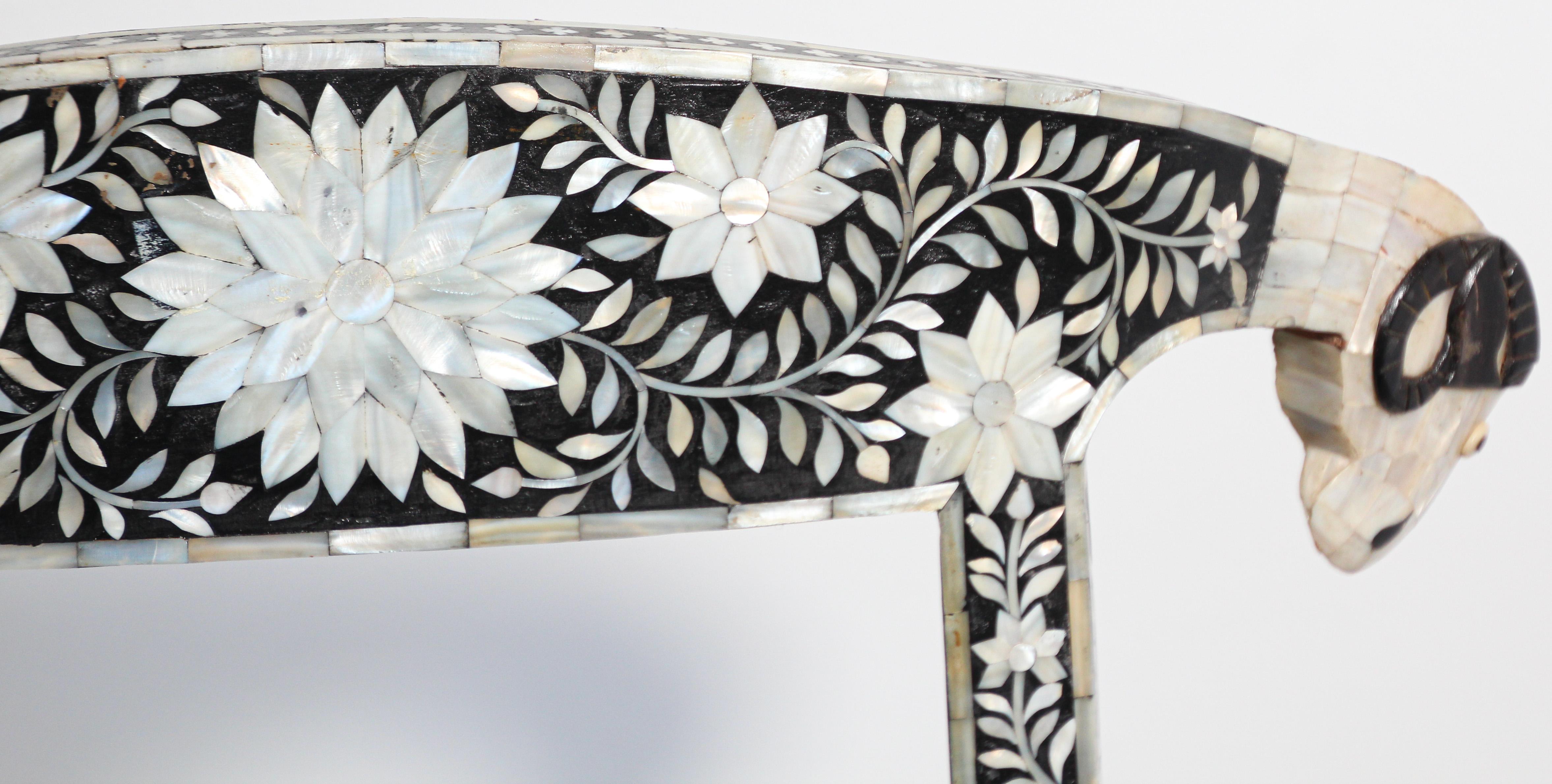 Anglo-Indian Mughal Mother of Pearl Inlaid Dining Chair with Ram's Head 10