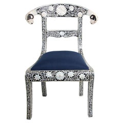 Anglo-Indian Mughal Mother of Pearl Inlaid Dining Chair with Ram's Head