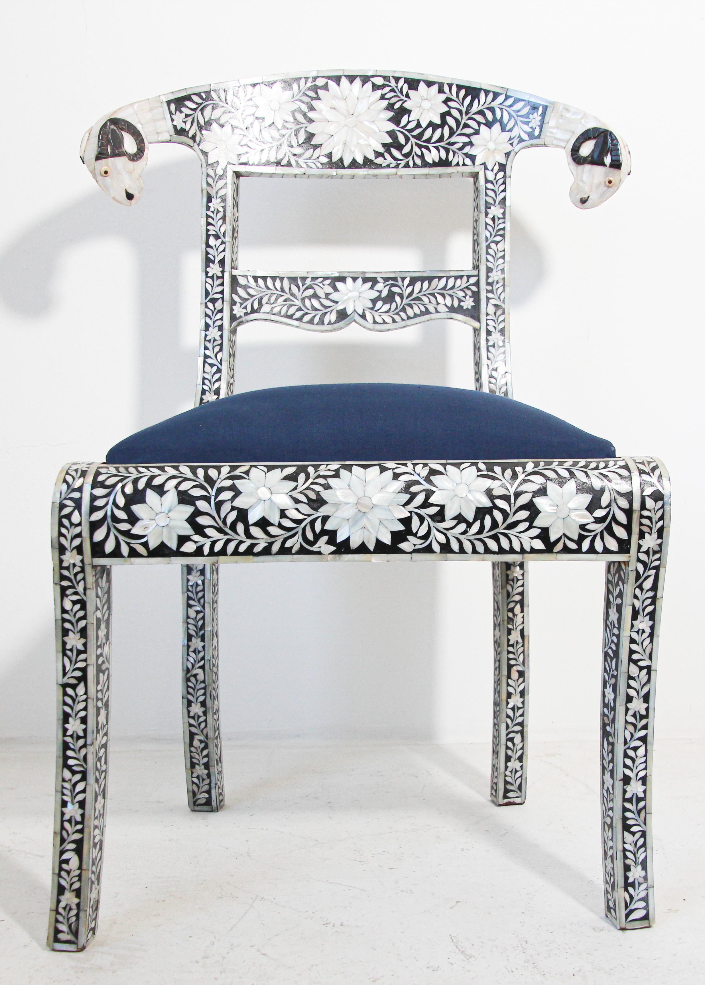 Anglo-Indian Mughal Mother of Pearl Inlaid Dining Chair with Ram's Head 1