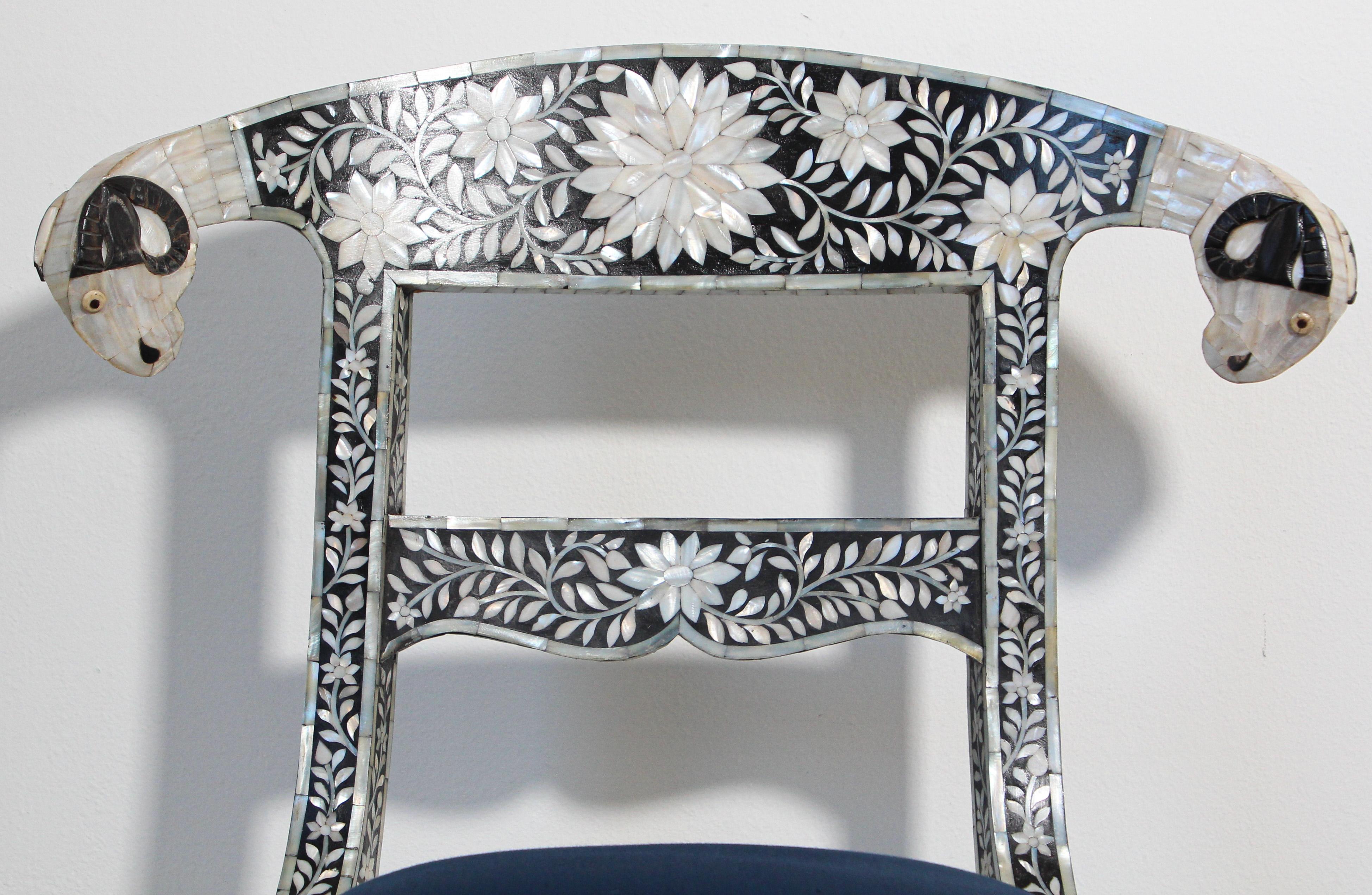 Anglo-Indian Mughal Mother of Pearl Inlaid Dining Chair with Ram's Head 2