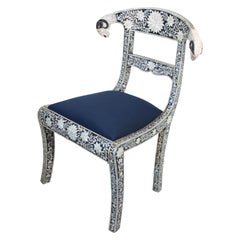 Anglo-Indian Mughal Mother of Pearl Inlaid Dining Chair with Ram's Head