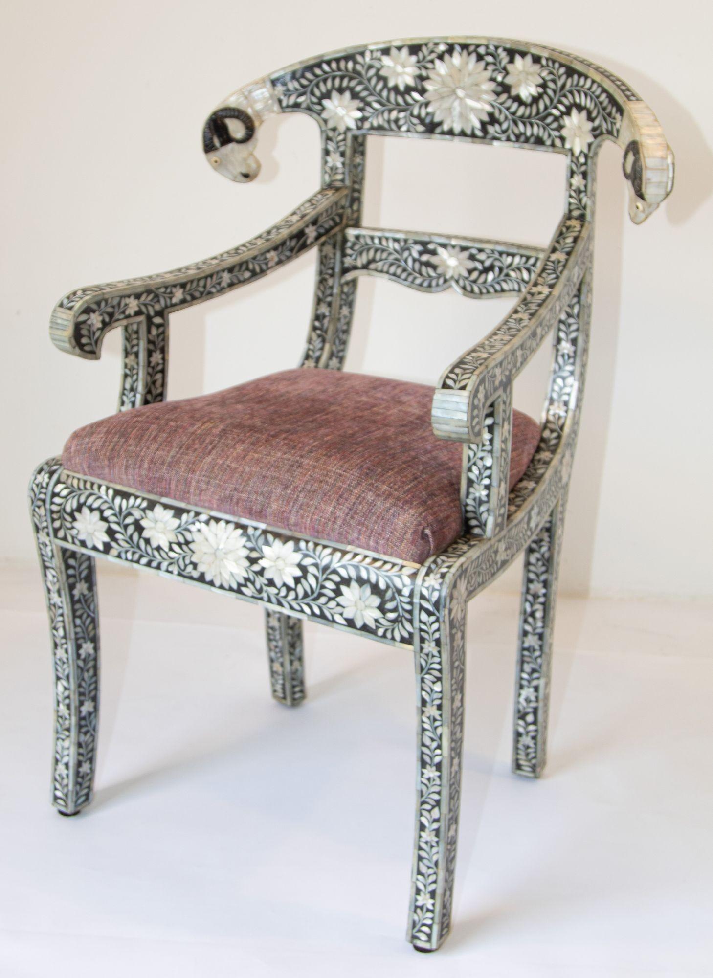 Anglo-Indian Mughal Mother of Pearl Inlaid Klismos Armchair with Ram Head 1 of 2 For Sale 10