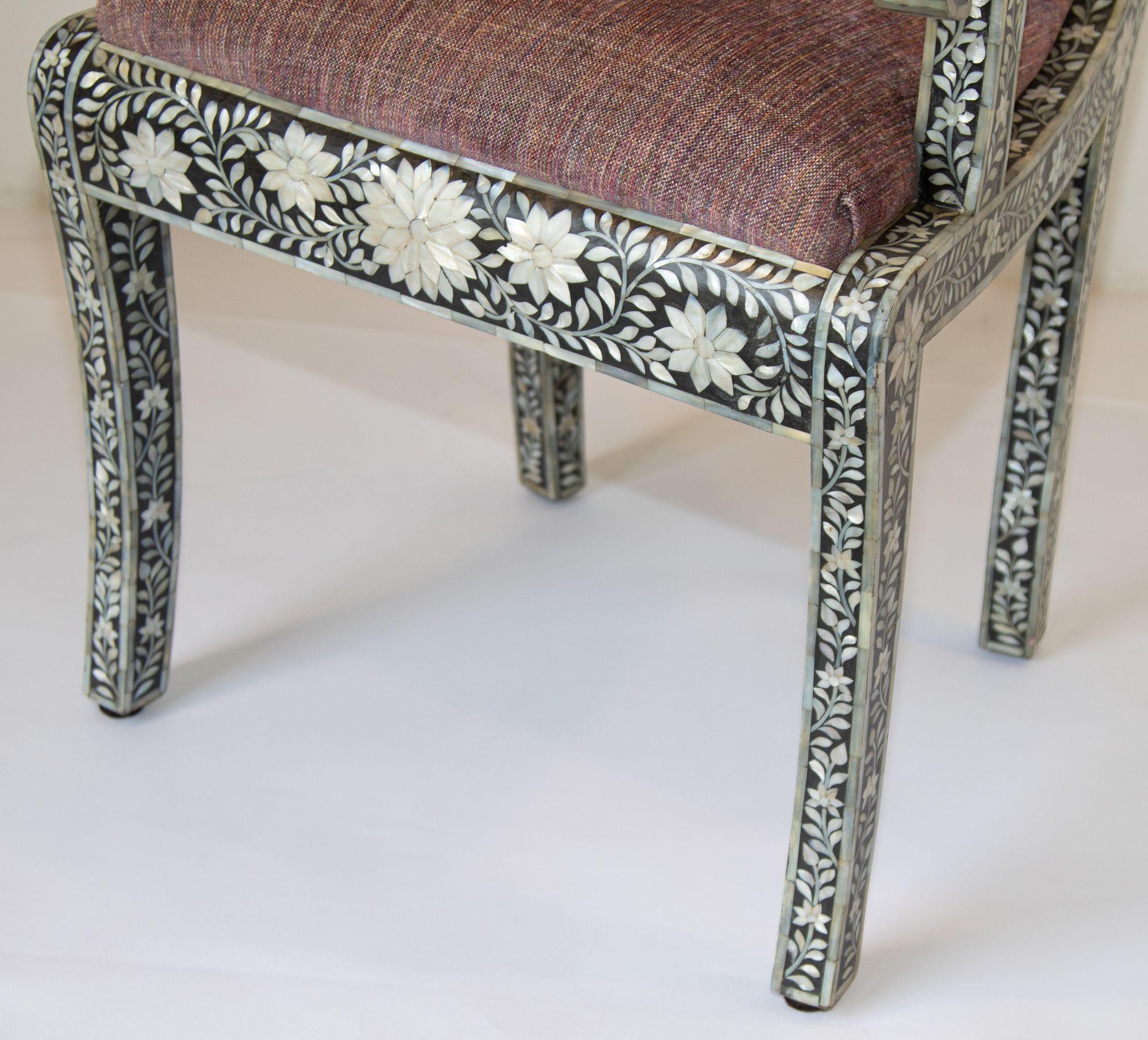 Anglo-Indian Mughal Mother of Pearl Inlaid Klismos Armchair with Ram Head 1 of 2 For Sale 11