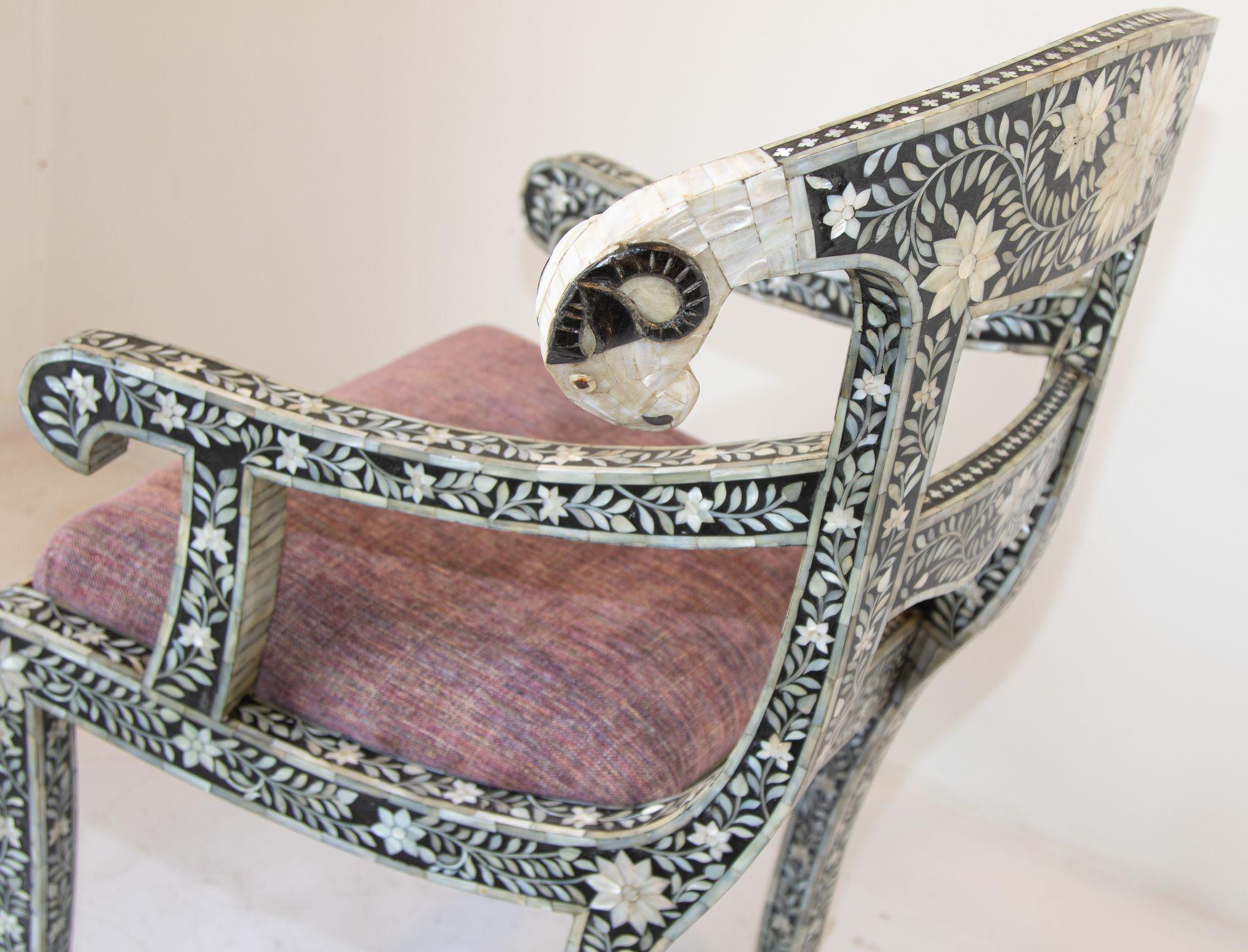 Anglo-Indian Mughal Mother of Pearl Inlaid Klismos Armchair with Ram Head 1 of 2 For Sale 4