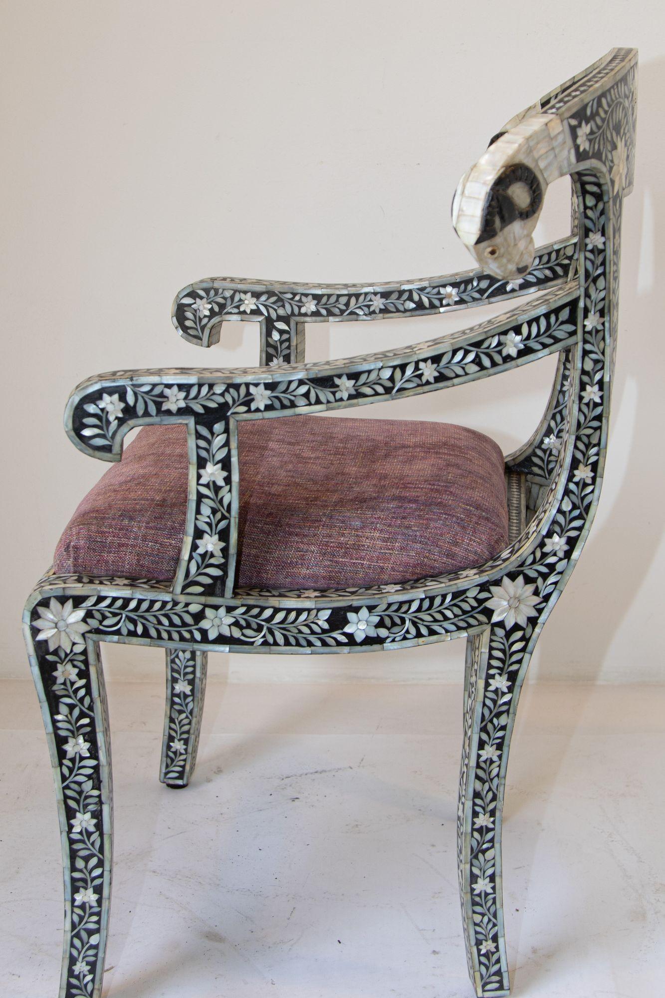 Anglo-Indian Mughal Mother of Pearl Inlaid Klismos Armchair with Ram Head 1 of 2 For Sale 9