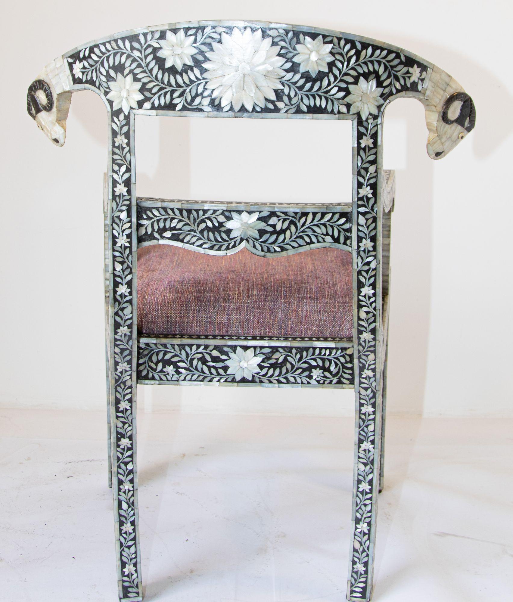Hand-Crafted Anglo-Indian Mughal Mother of Pearl Inlaid Klismos Armchair with Ram Head 1 of 2 For Sale