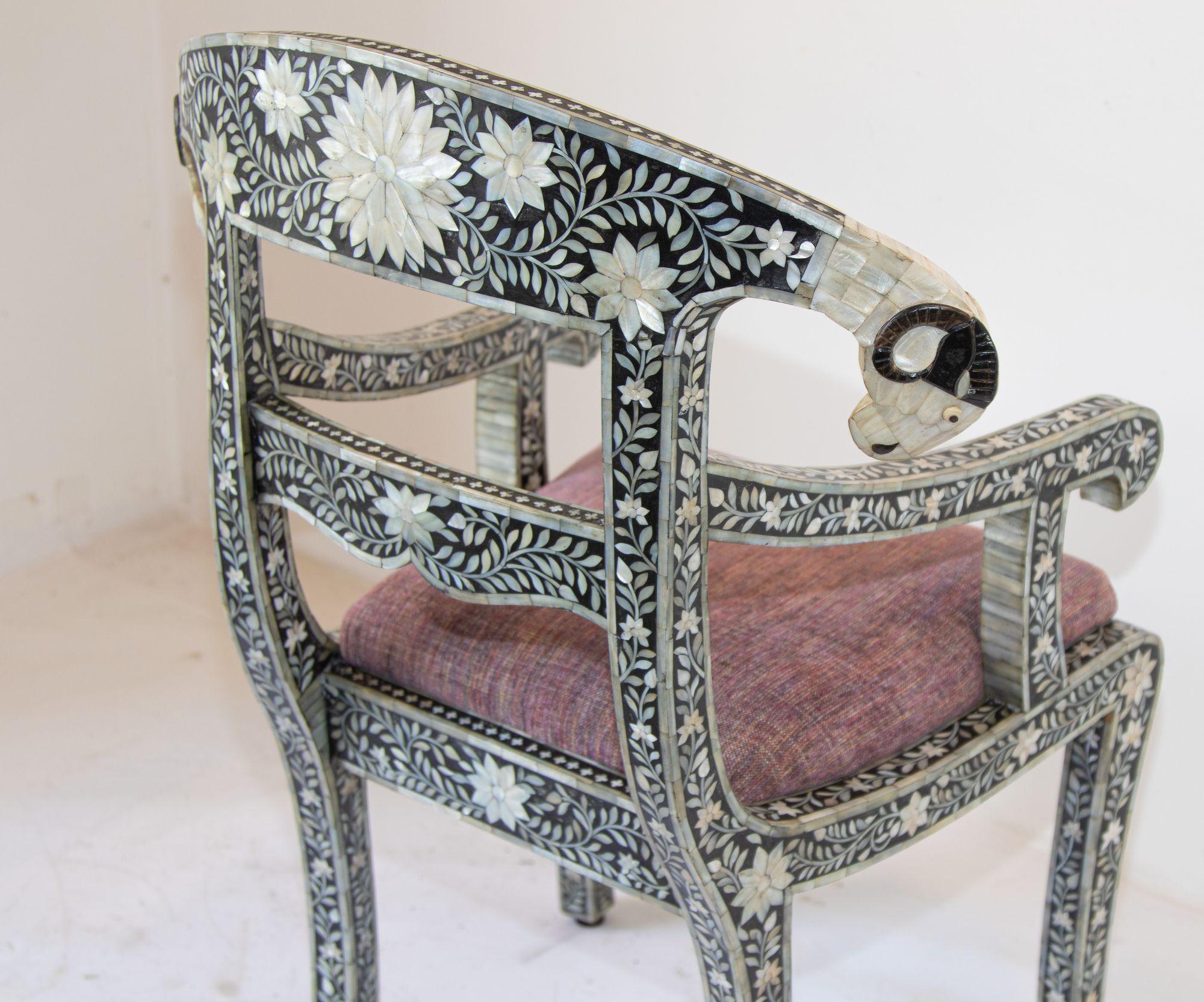 Anglo-Indian Mughal Mother of Pearl Inlaid Klismos Armchair with Ram Head 1 of 2 In Good Condition For Sale In North Hollywood, CA